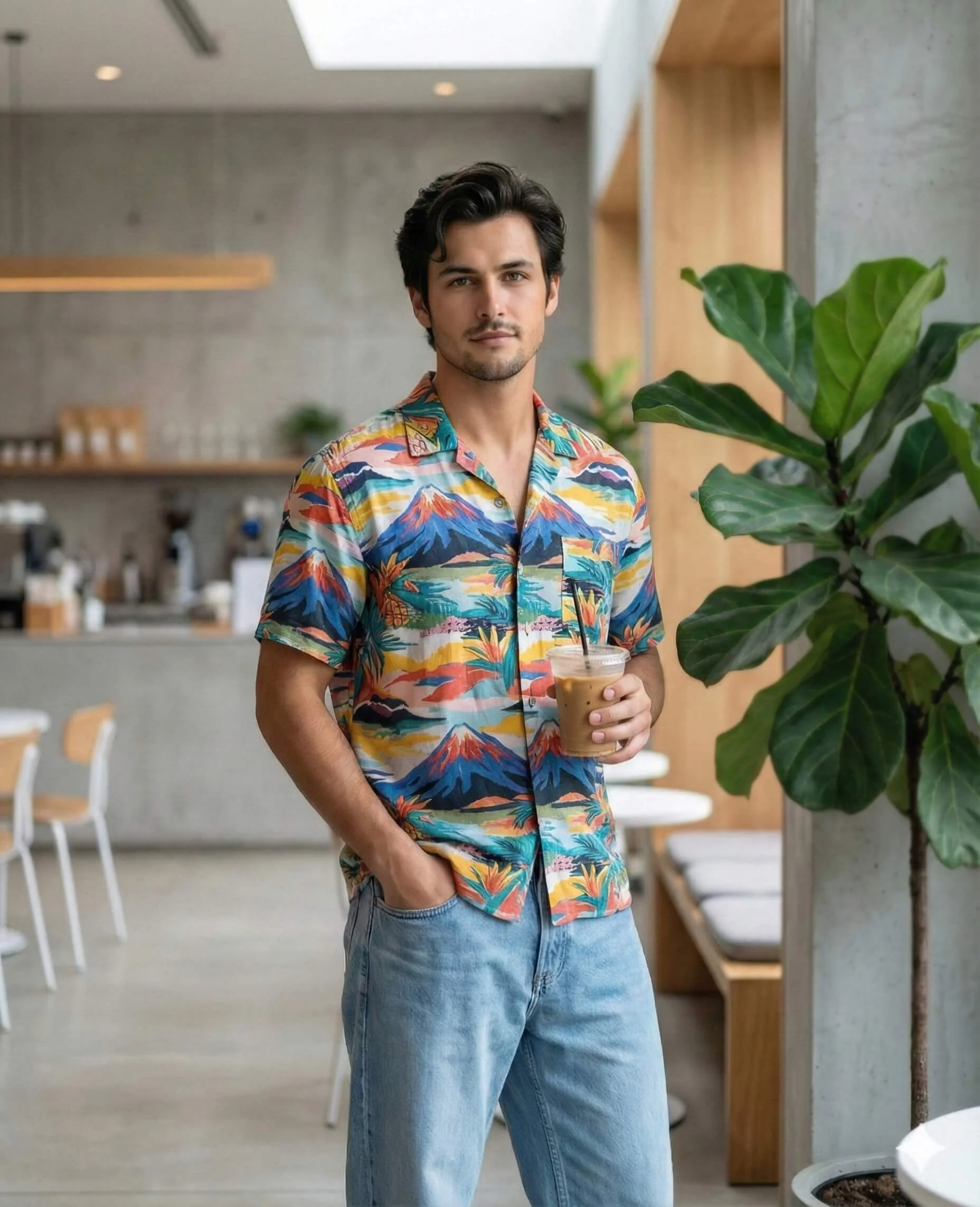Man in a colorful tropical shirt holding iced coffee in a modern café