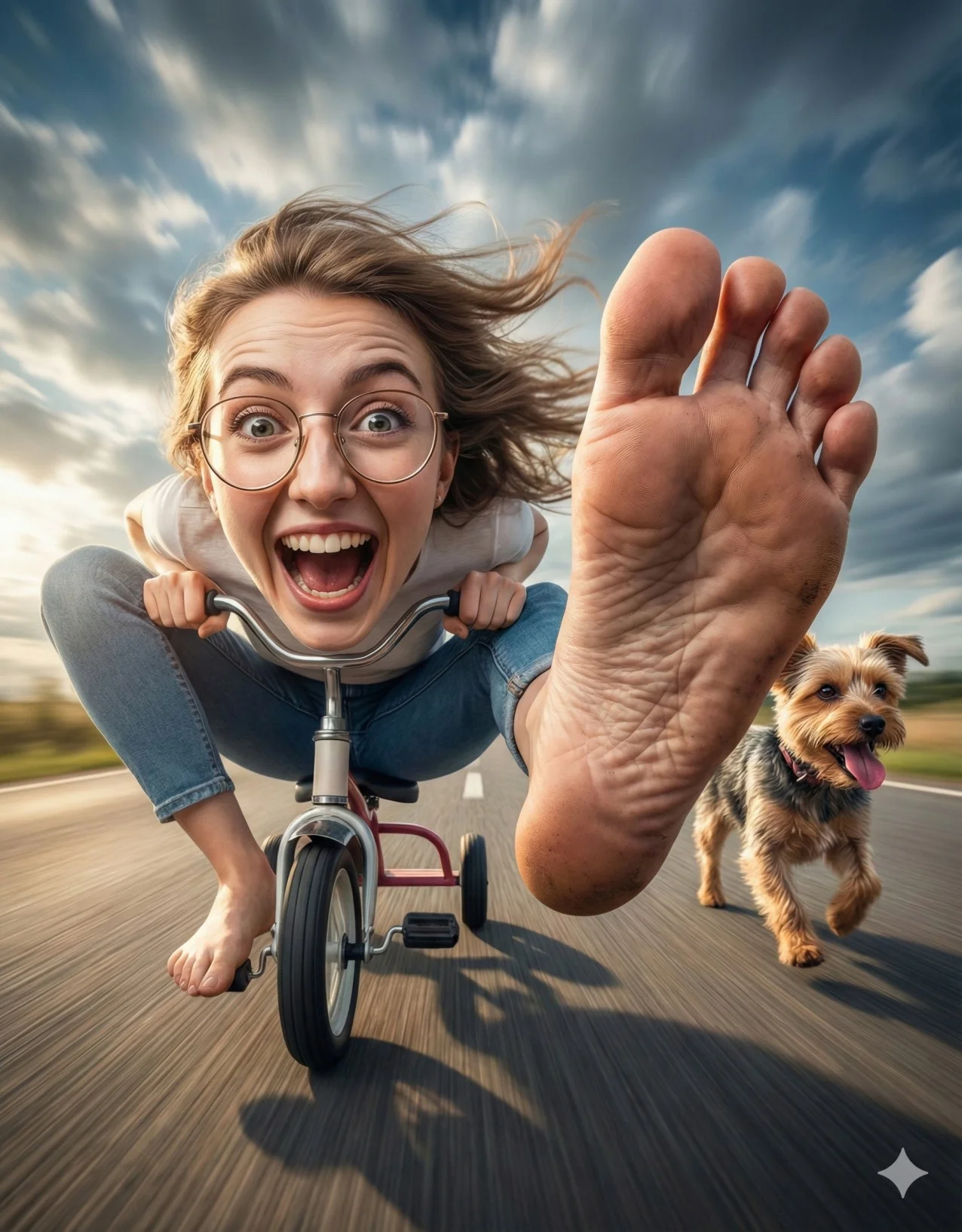 Tricycle rider with an enormous bare foot in the foreground and a dog running beside