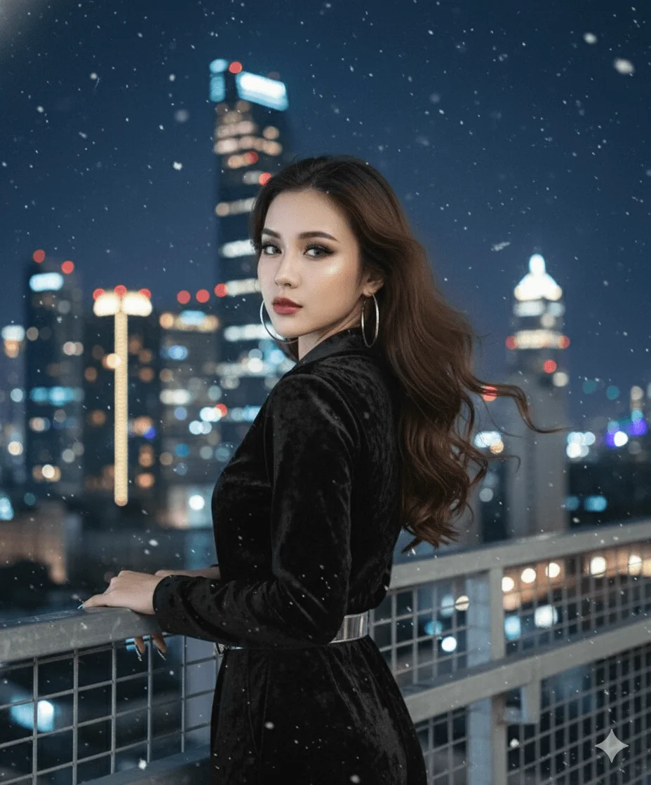 Woman in a black velvet jumpsuit looking back on a snowy city rooftop