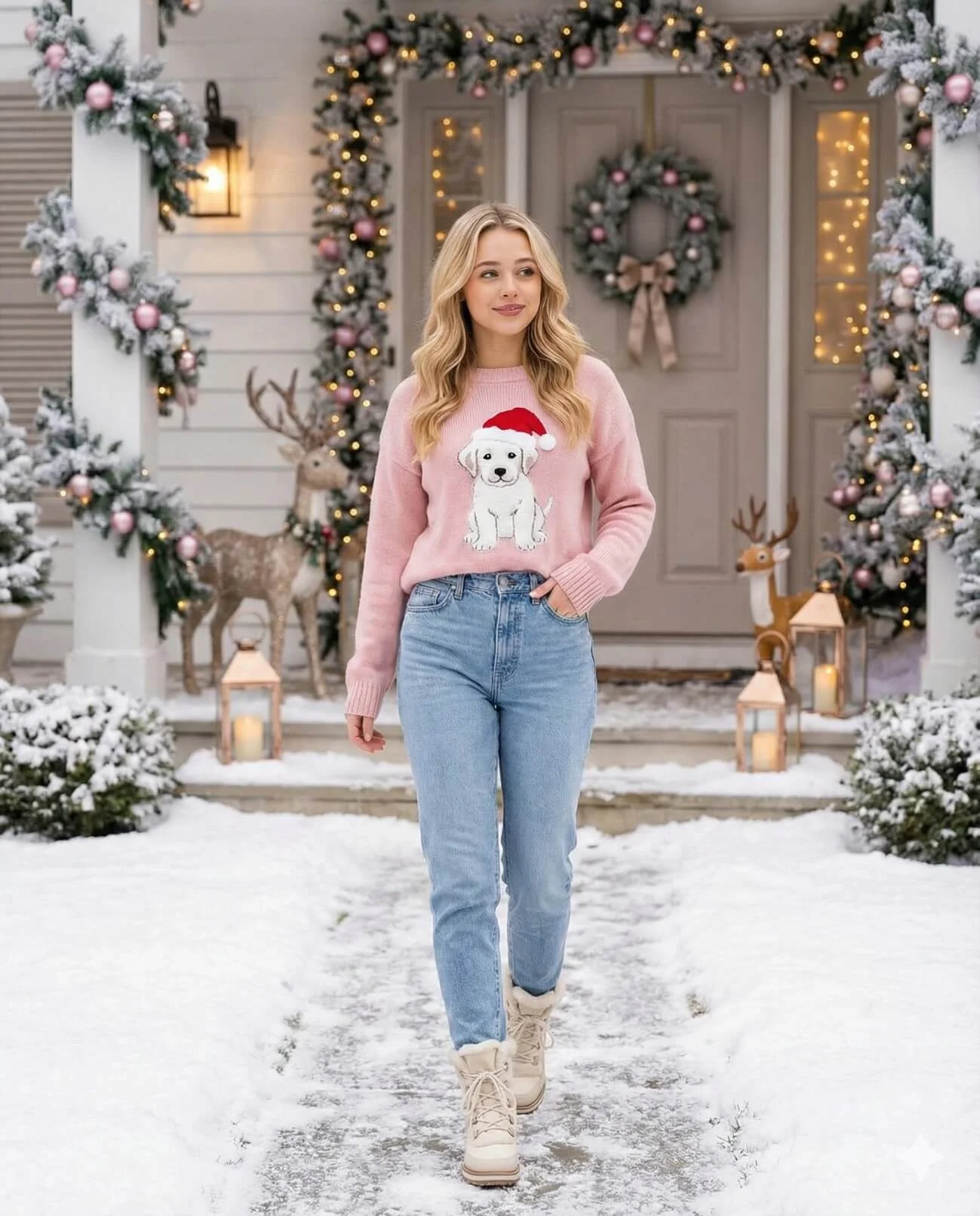 Woman in a pink Christmas sweater walking along a snowy decorated house path