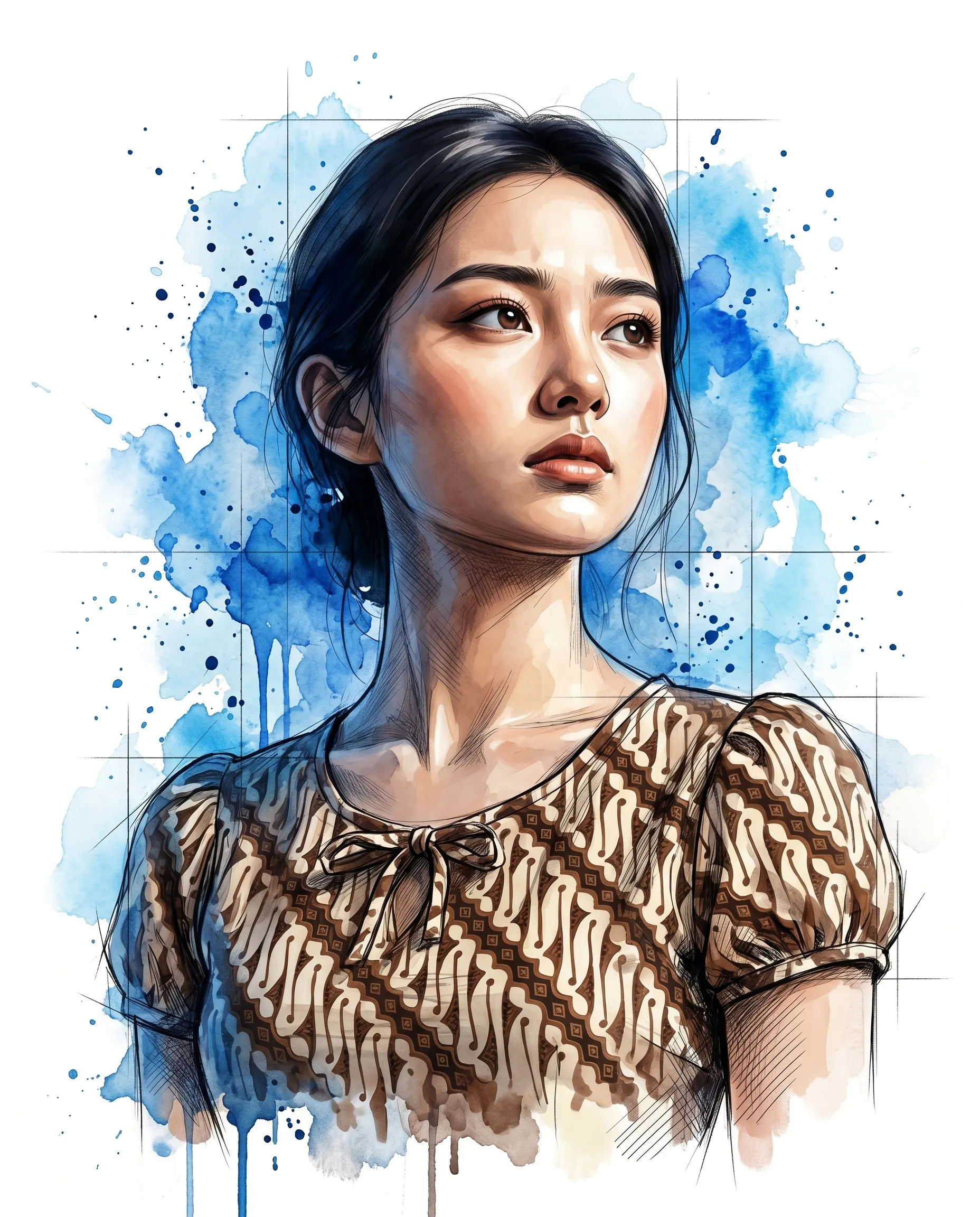 Woman in a brown batik top surrounded by blue watercolor splashes