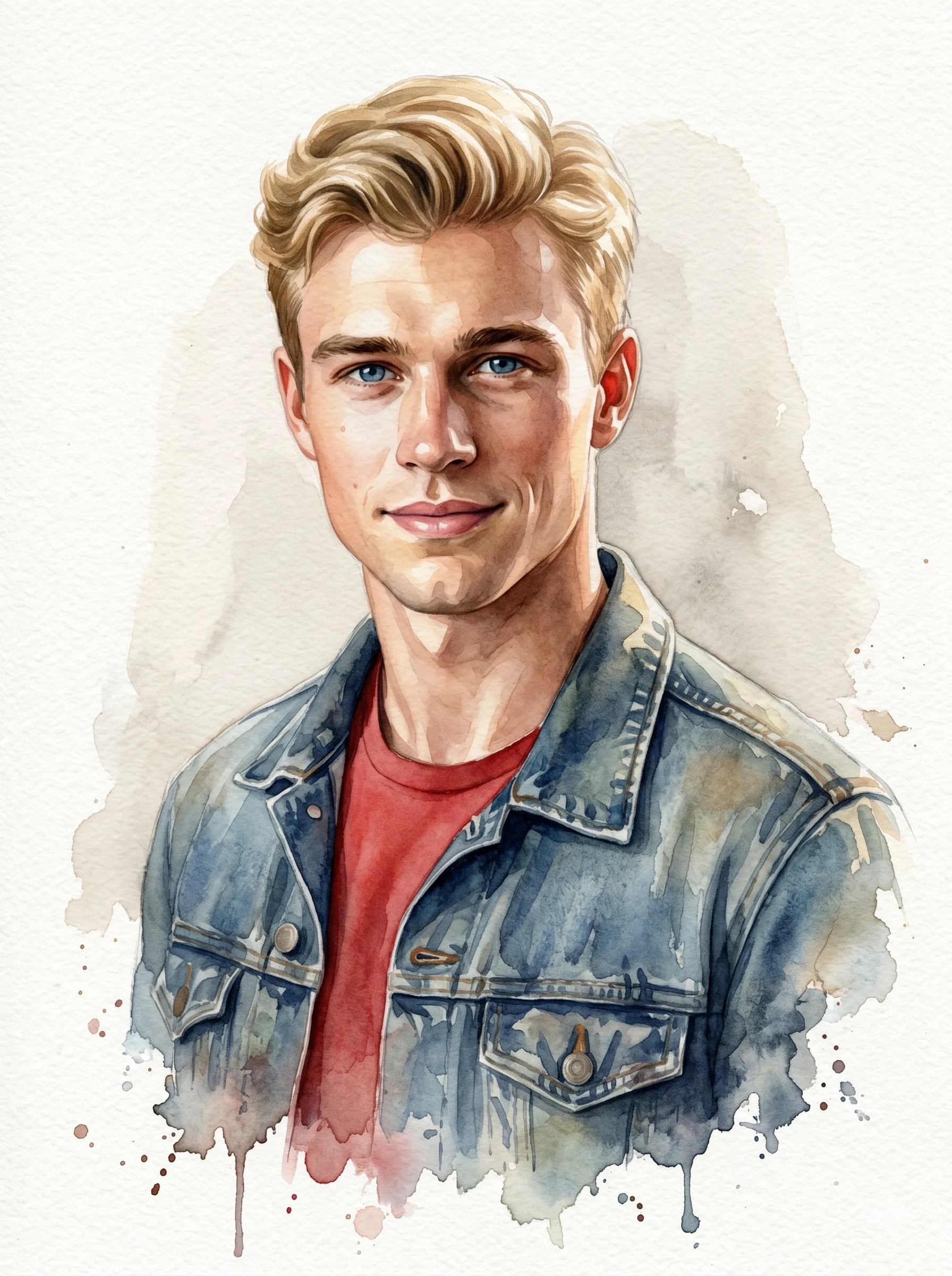 Watercolor man in a worn denim jacket over a red T-shirt