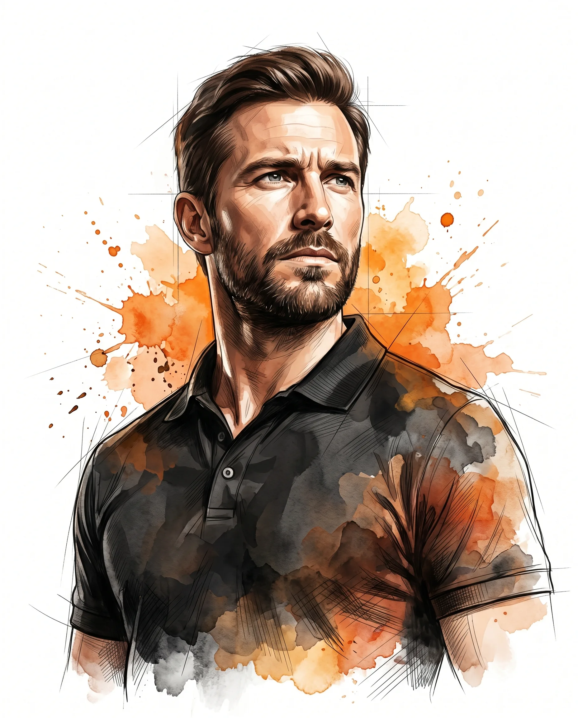 Man in a dark polo surrounded by orange watercolor splashes and sketch lines