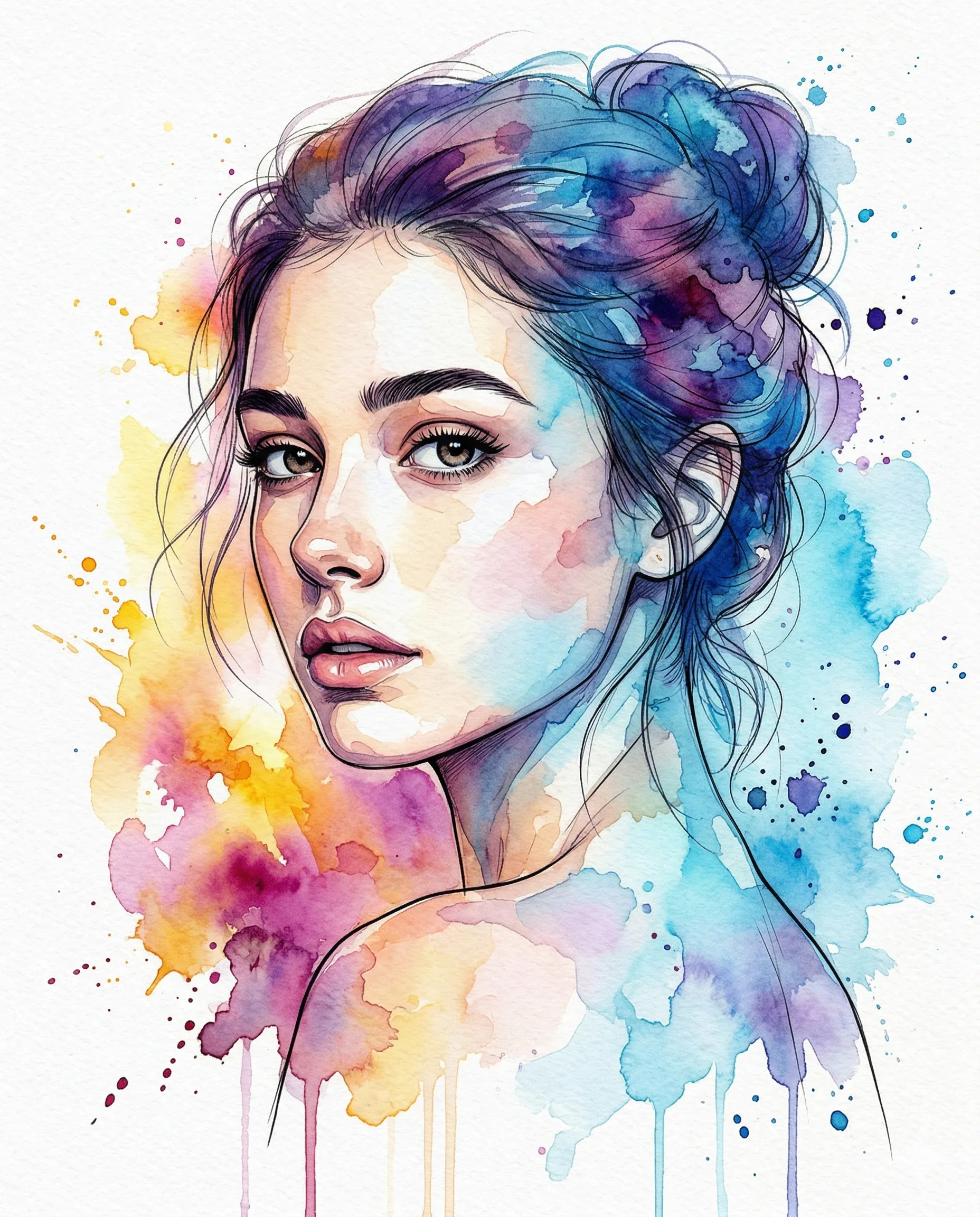 Watercolor woman looking over her shoulder with warm and cool split colors