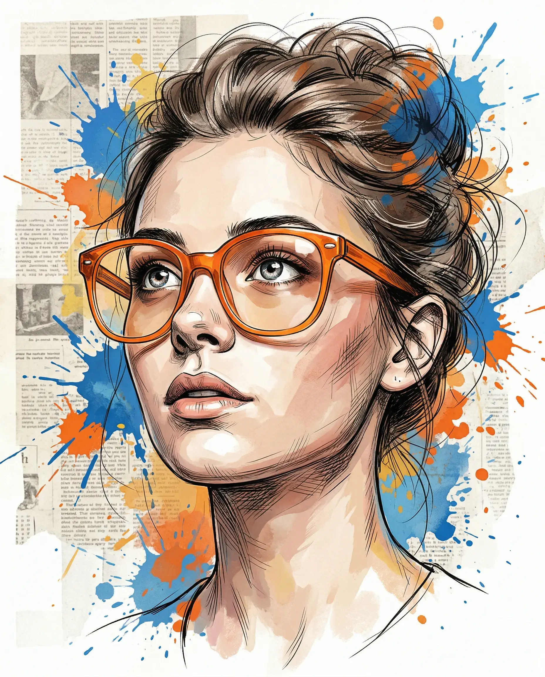 Illustrated person in orange glasses surrounded by blue and orange paint splashes
