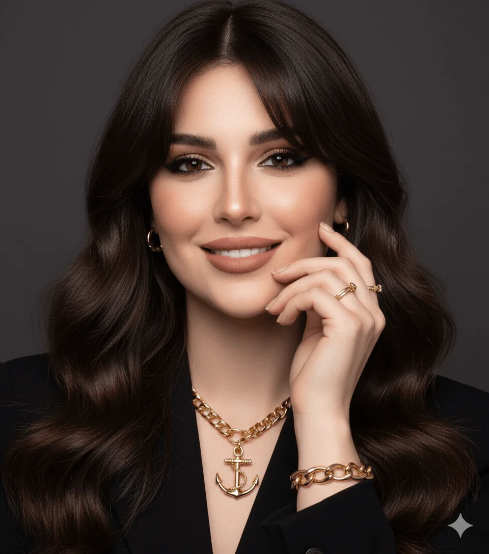 Smiling woman with voluminous dark hair and layered gold jewelry
