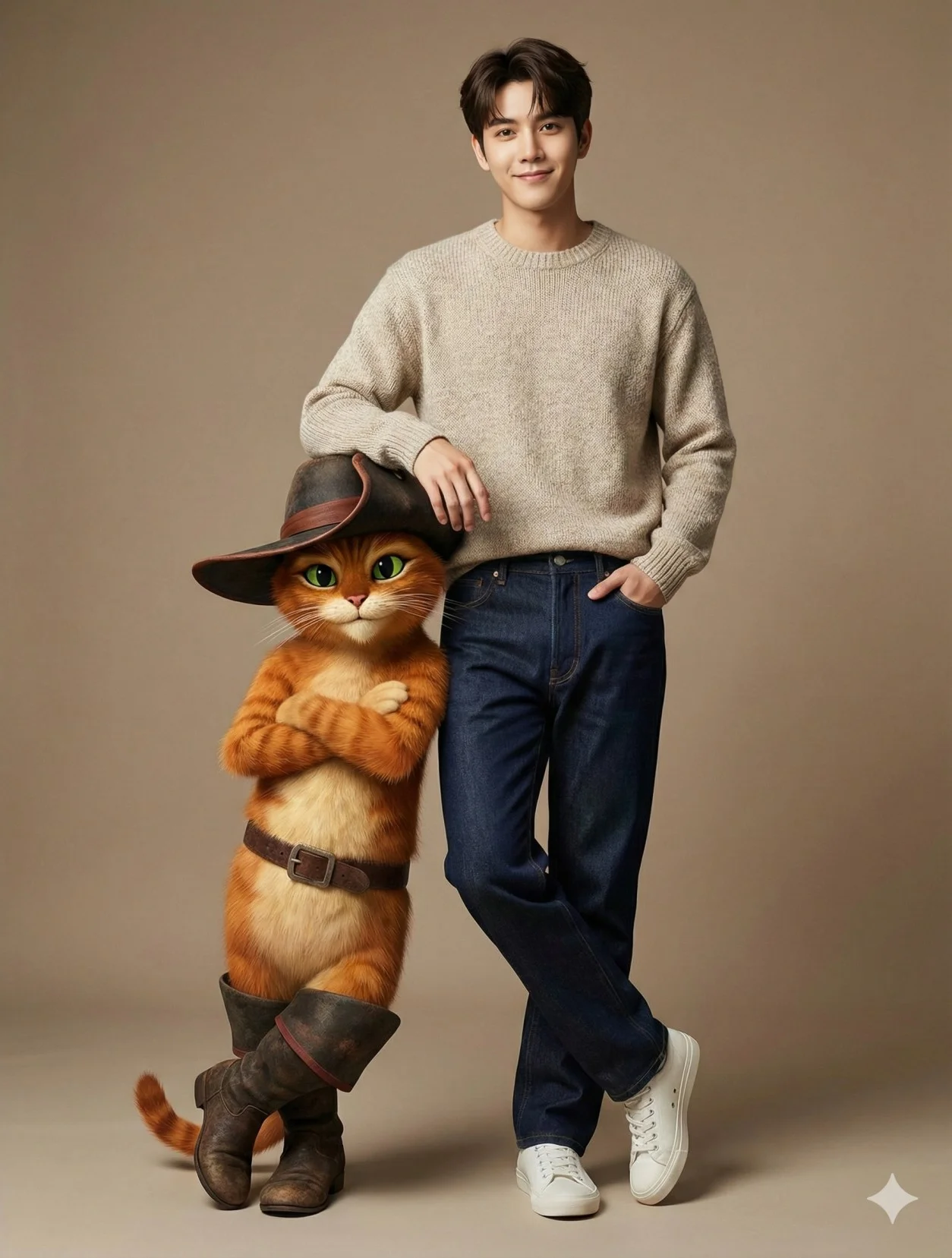 Person in a beige sweater posing beside Puss in Boots on a taupe background