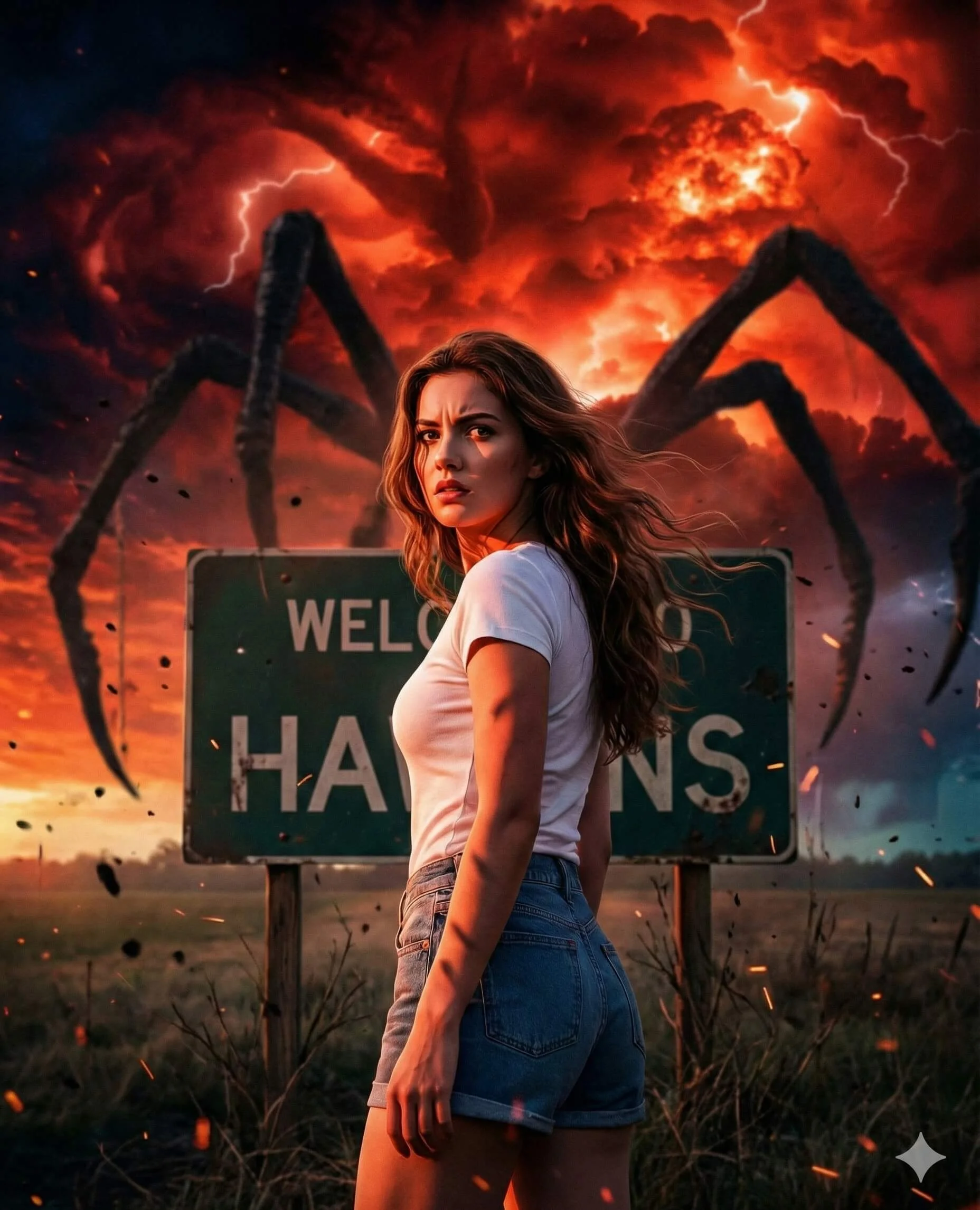Woman before a Welcome to Hawkins sign under red lightning and looming black limbs