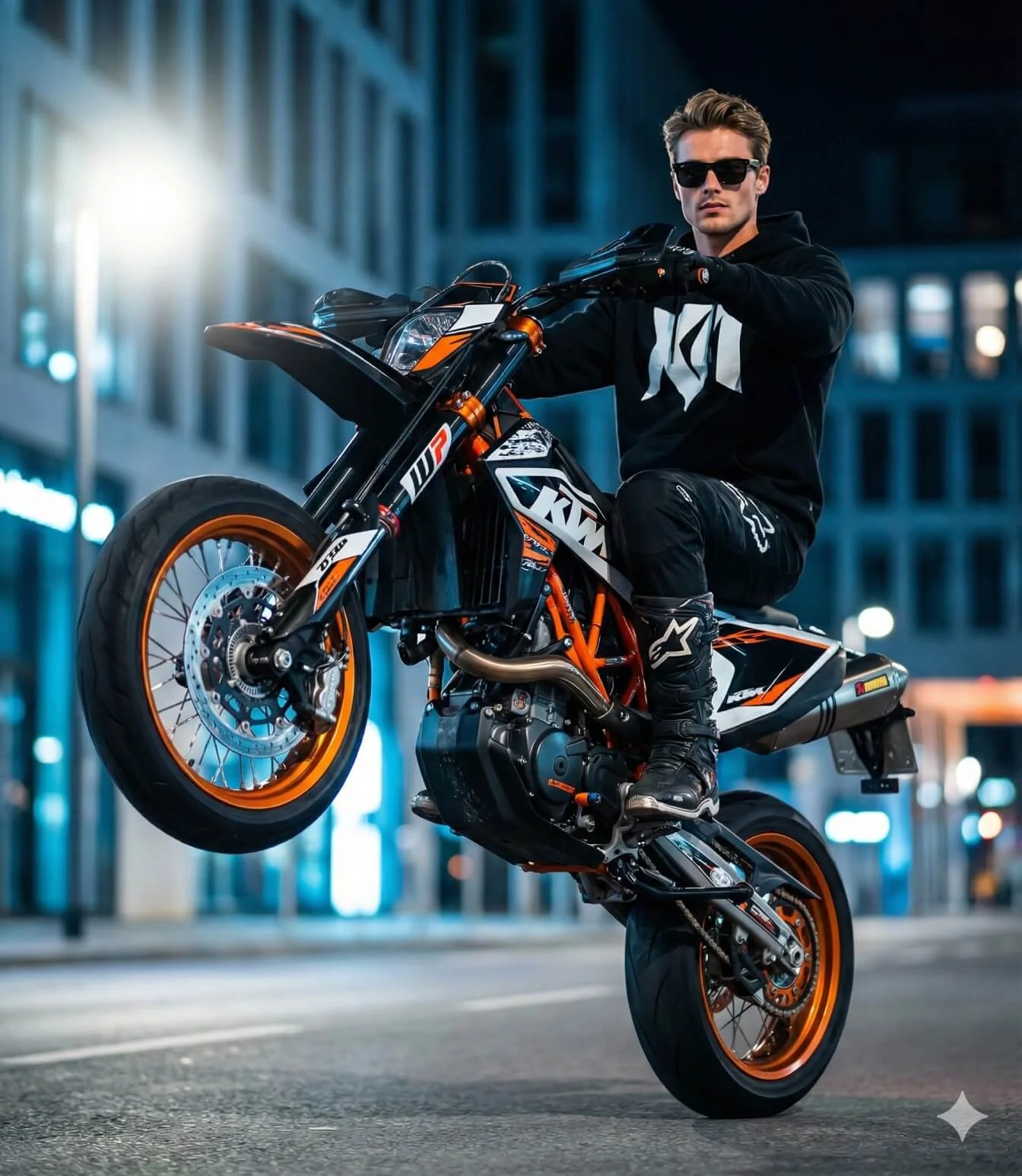 Rider performing a high wheelie on an orange supermoto on a city street at night
