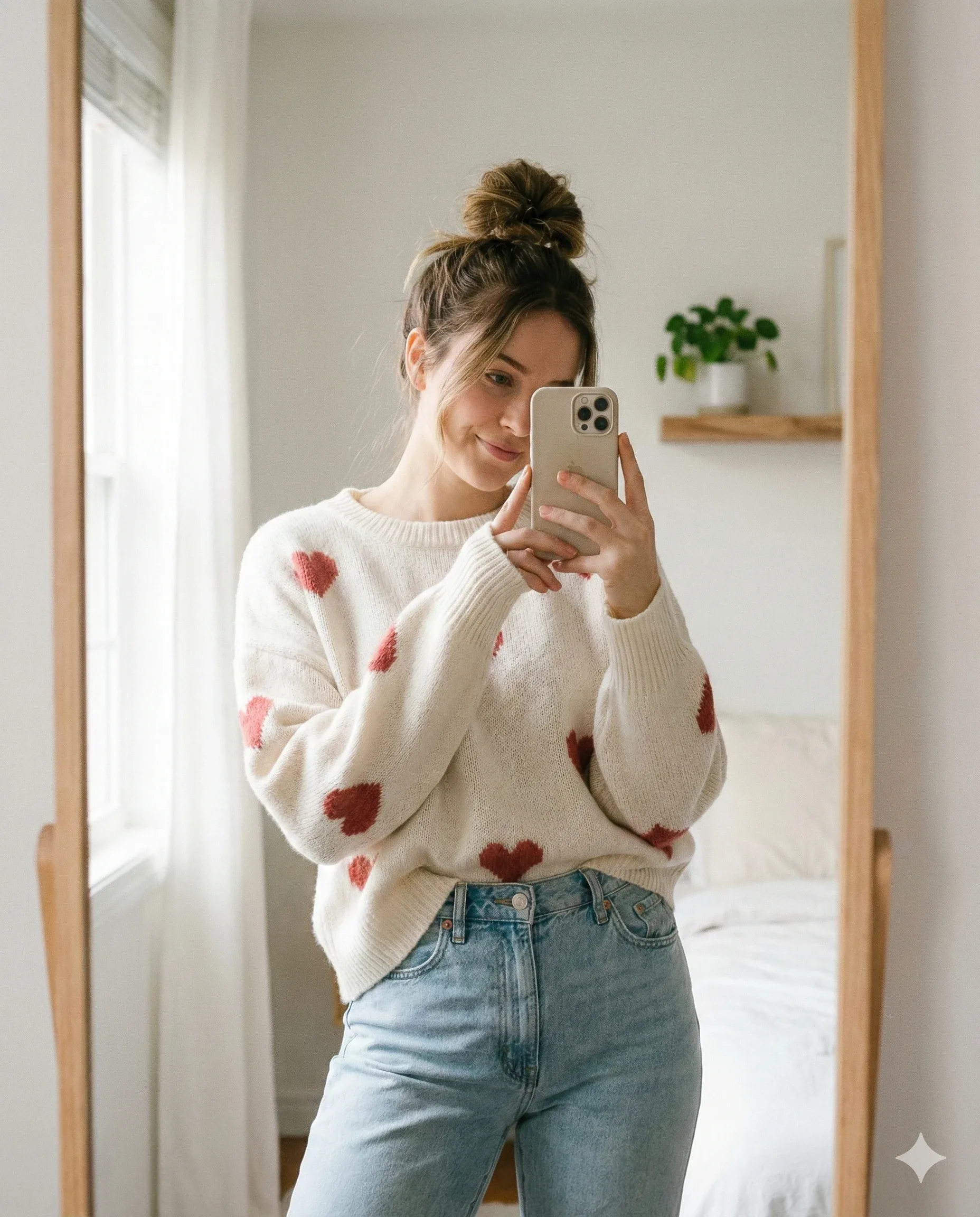Woman taking a mirror selfie in a cream sweater patterned with red hearts