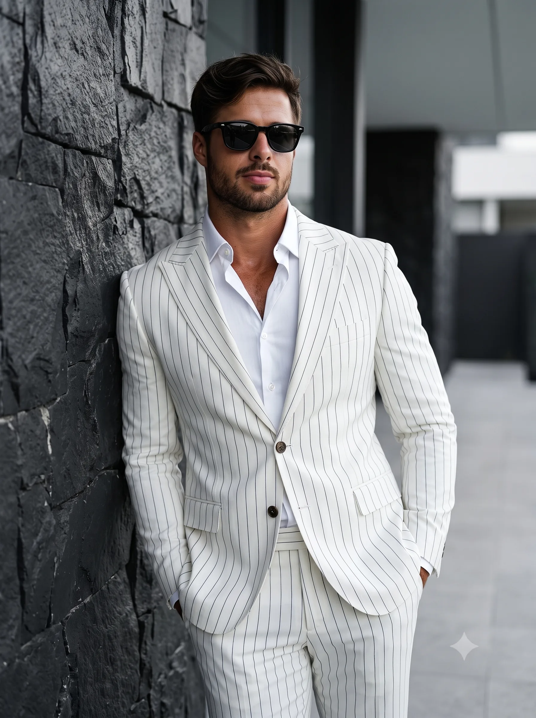 Man in a white pinstripe suit and black sunglasses leaning against a dark rock wall