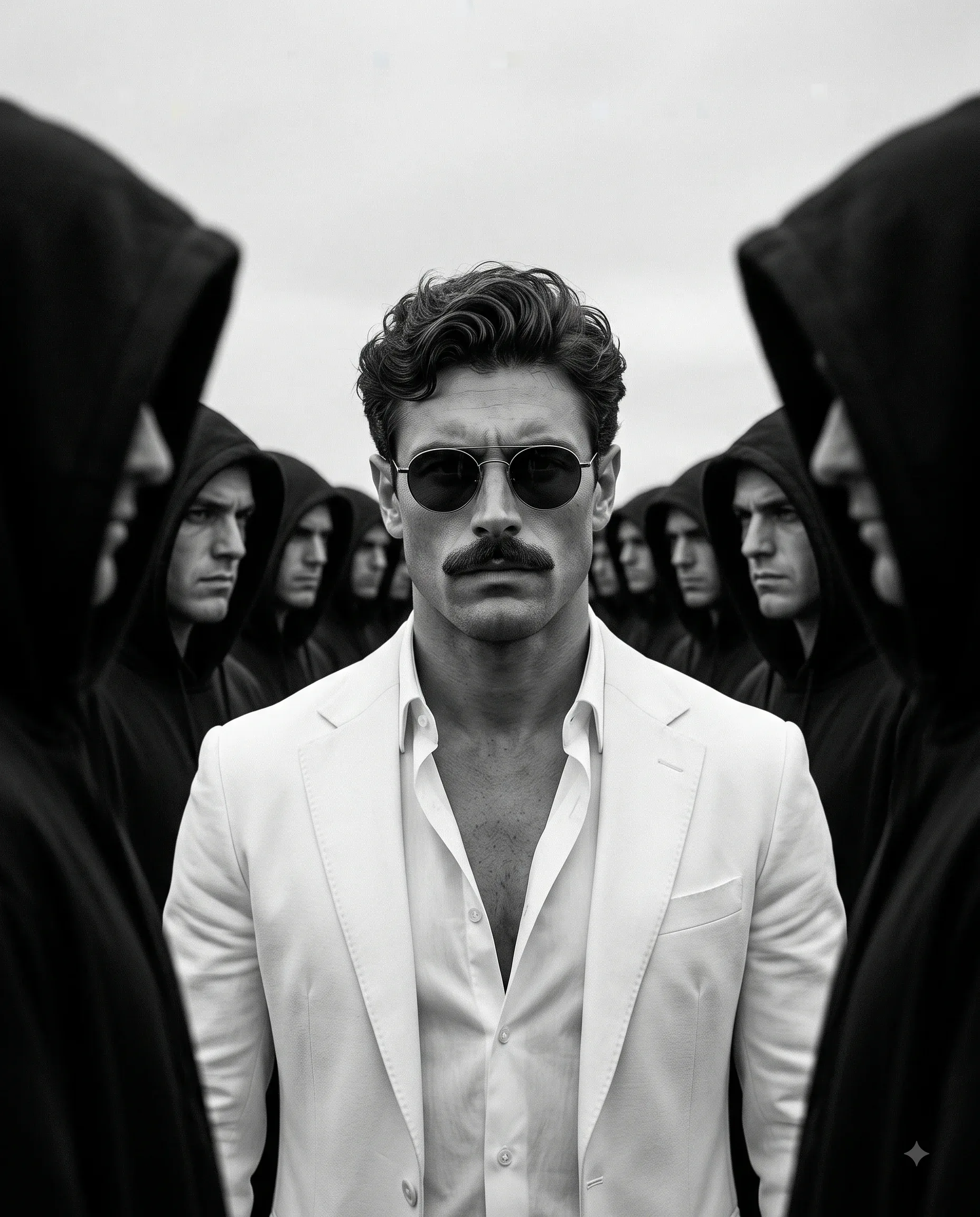 Man in a white blazer centered among a crowd of black-hooded figures