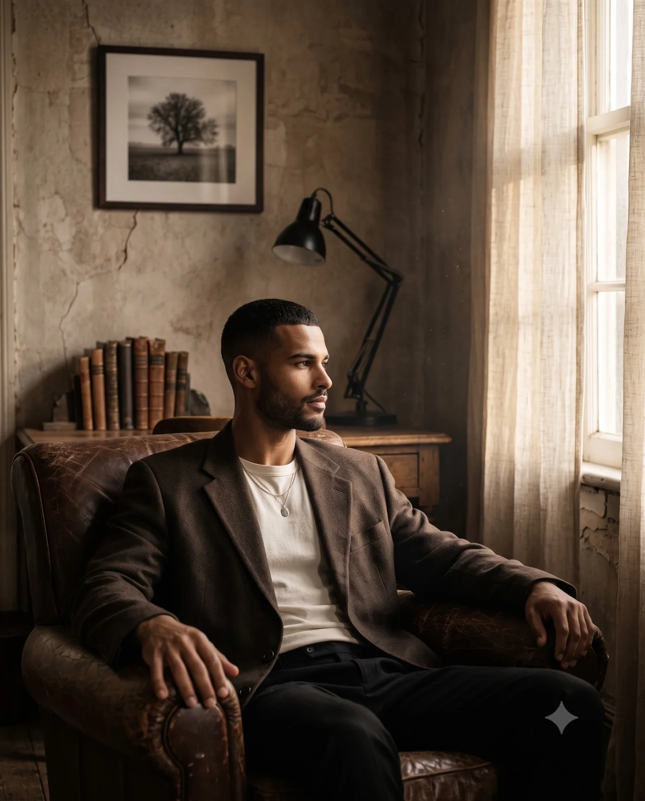 Man in a brown blazer seated in a vintage leather armchair beside a bright window