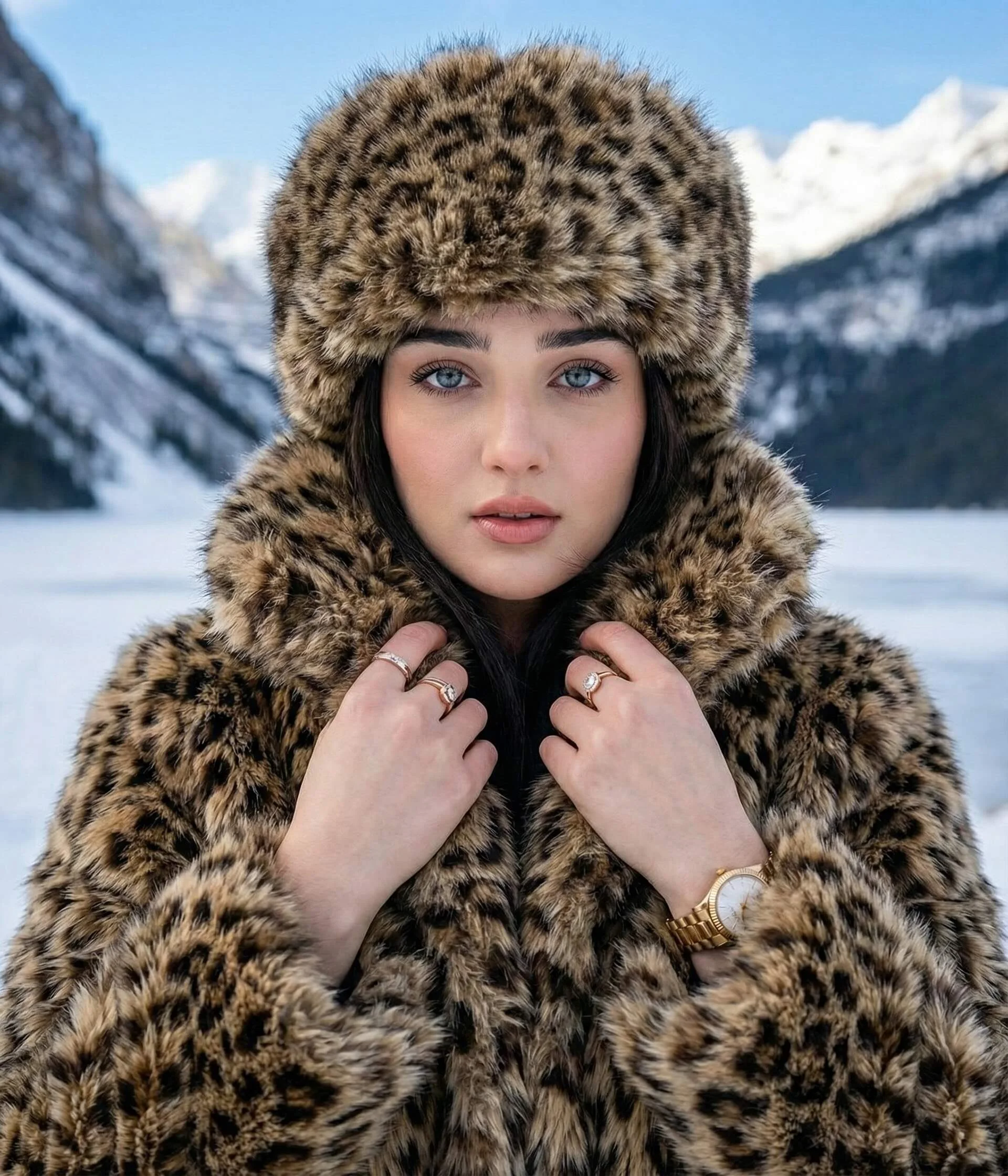 Woman in a leopard-pattern fur coat and hat before snowy alpine mountains