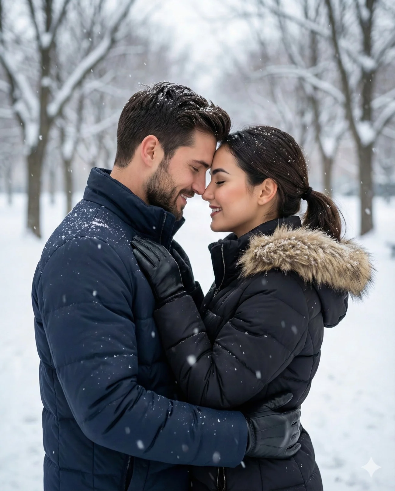 Young couple embracing with eyes closed while snow falls in a winter park