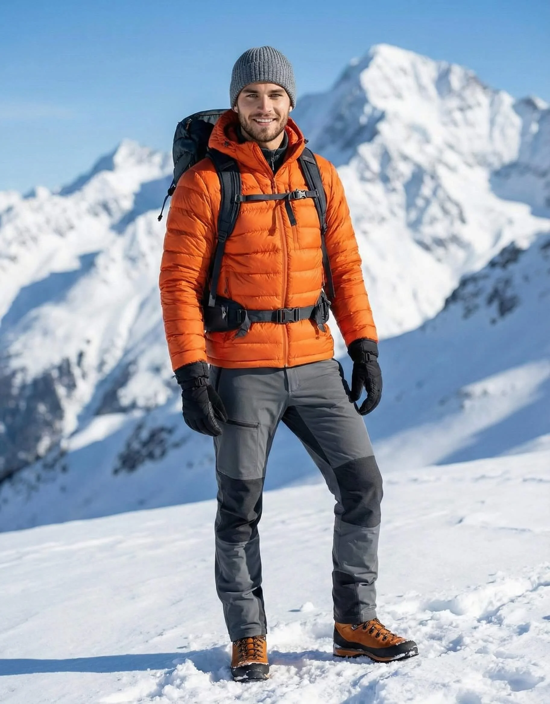 Male mountaineer in an orange puffer standing on a snowy alpine ridge