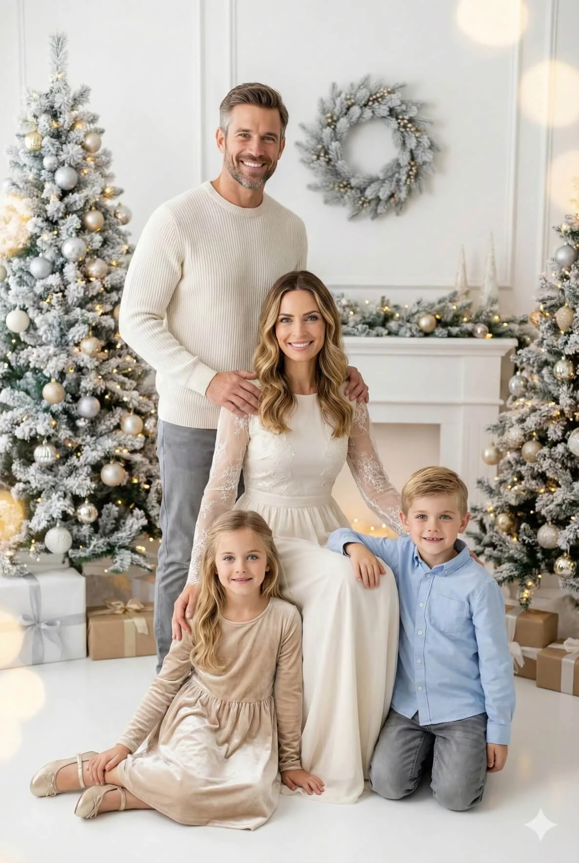 Family in cream and ivory outfits posed between snowy Christmas trees and holiday lights