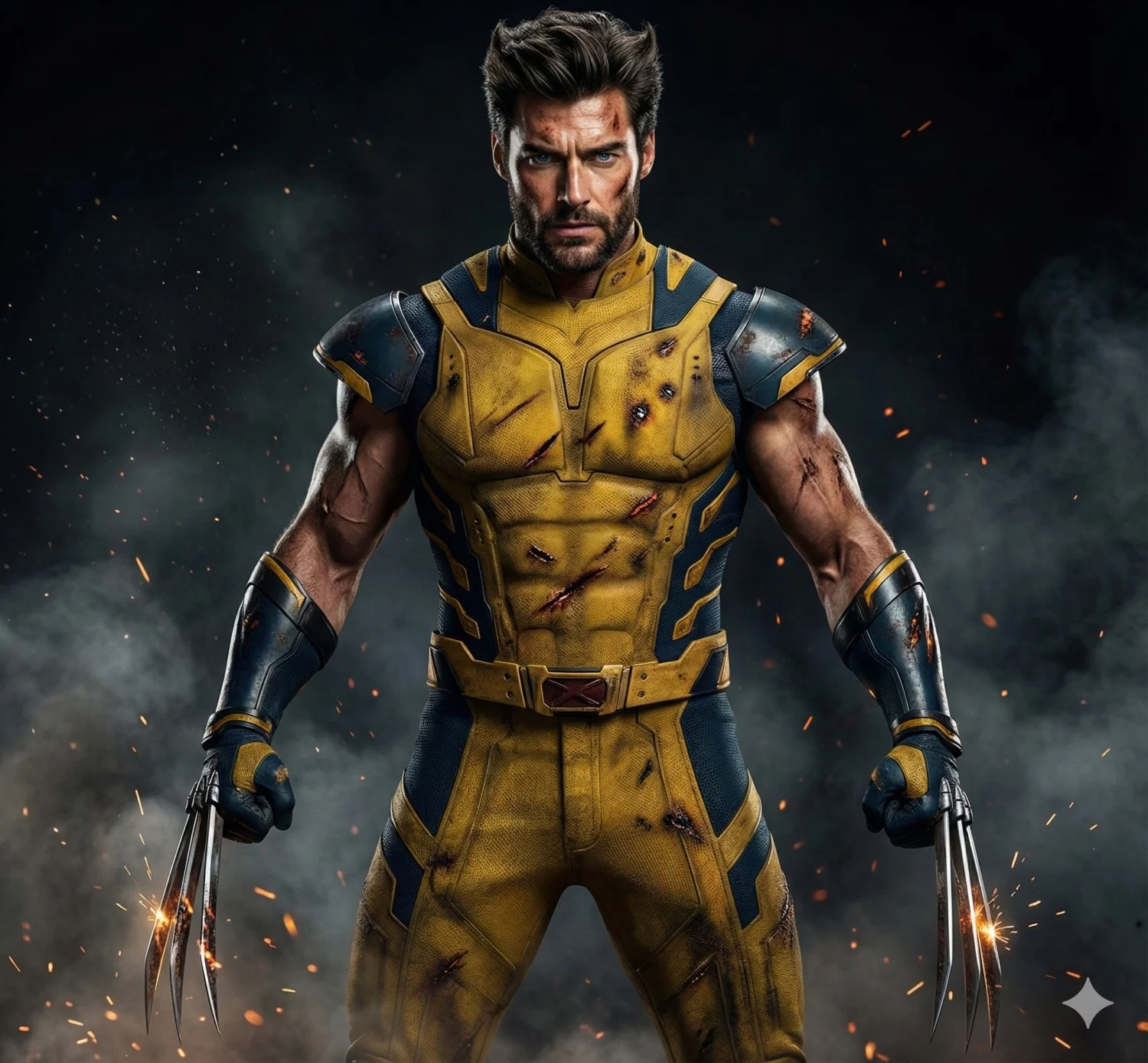 Rugged warrior in damaged yellow armor extending three metal claws from each hand