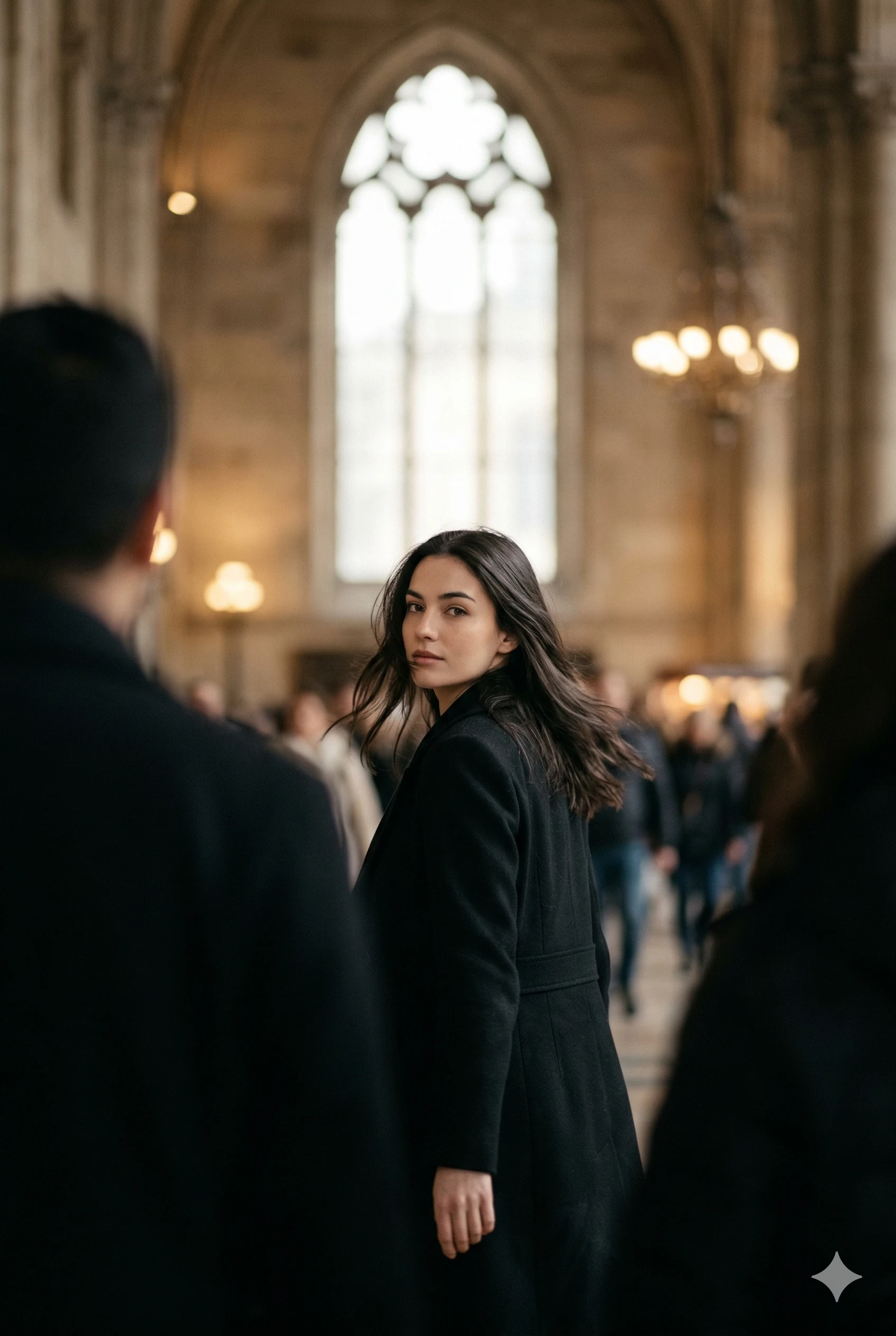 Woman in a black coat looking back in a grand hall with a glowing arched window