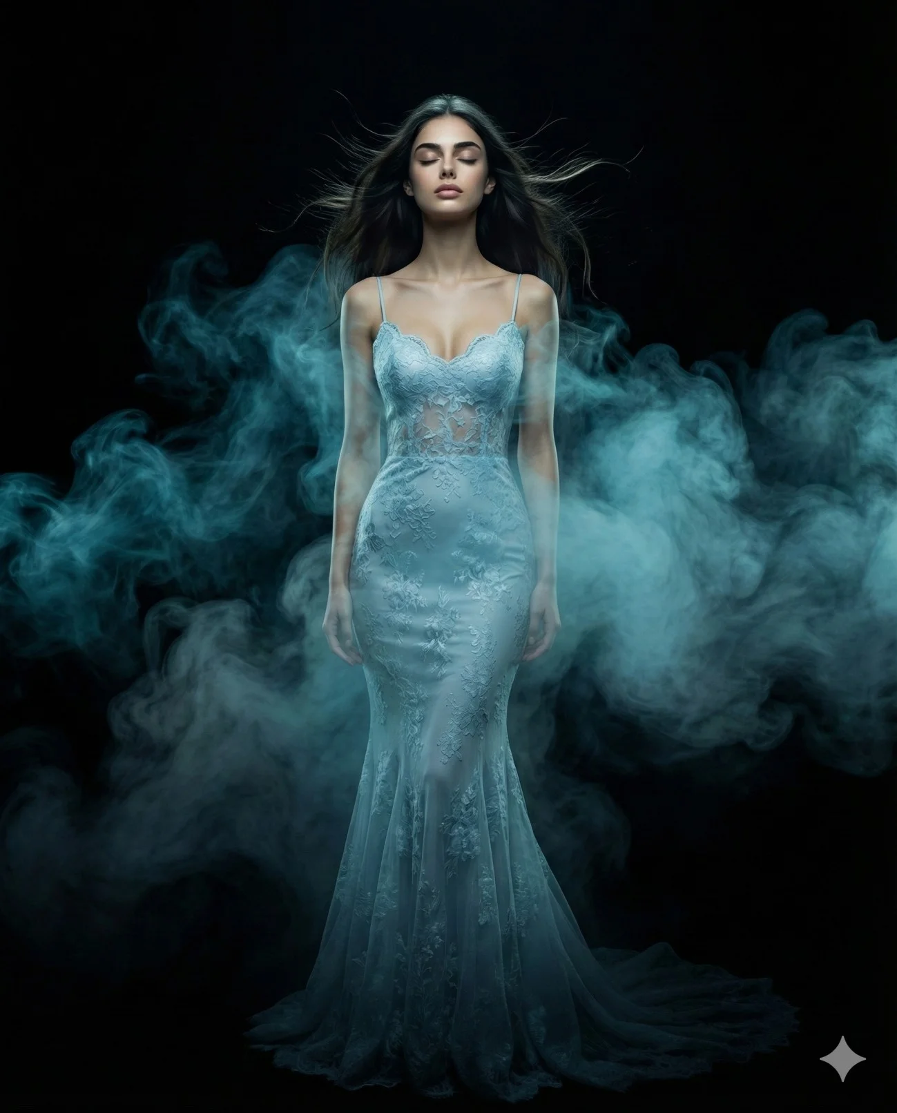 Woman in an icy-blue gown standing with eyes closed amid teal smoke