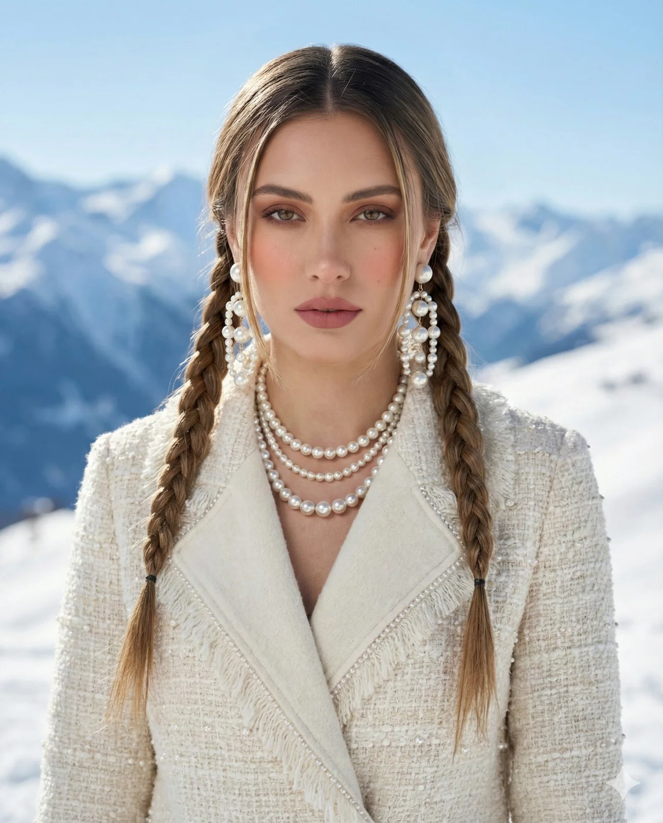 Woman with twin braids and layered pearls wearing an ivory coat in snowy mountains