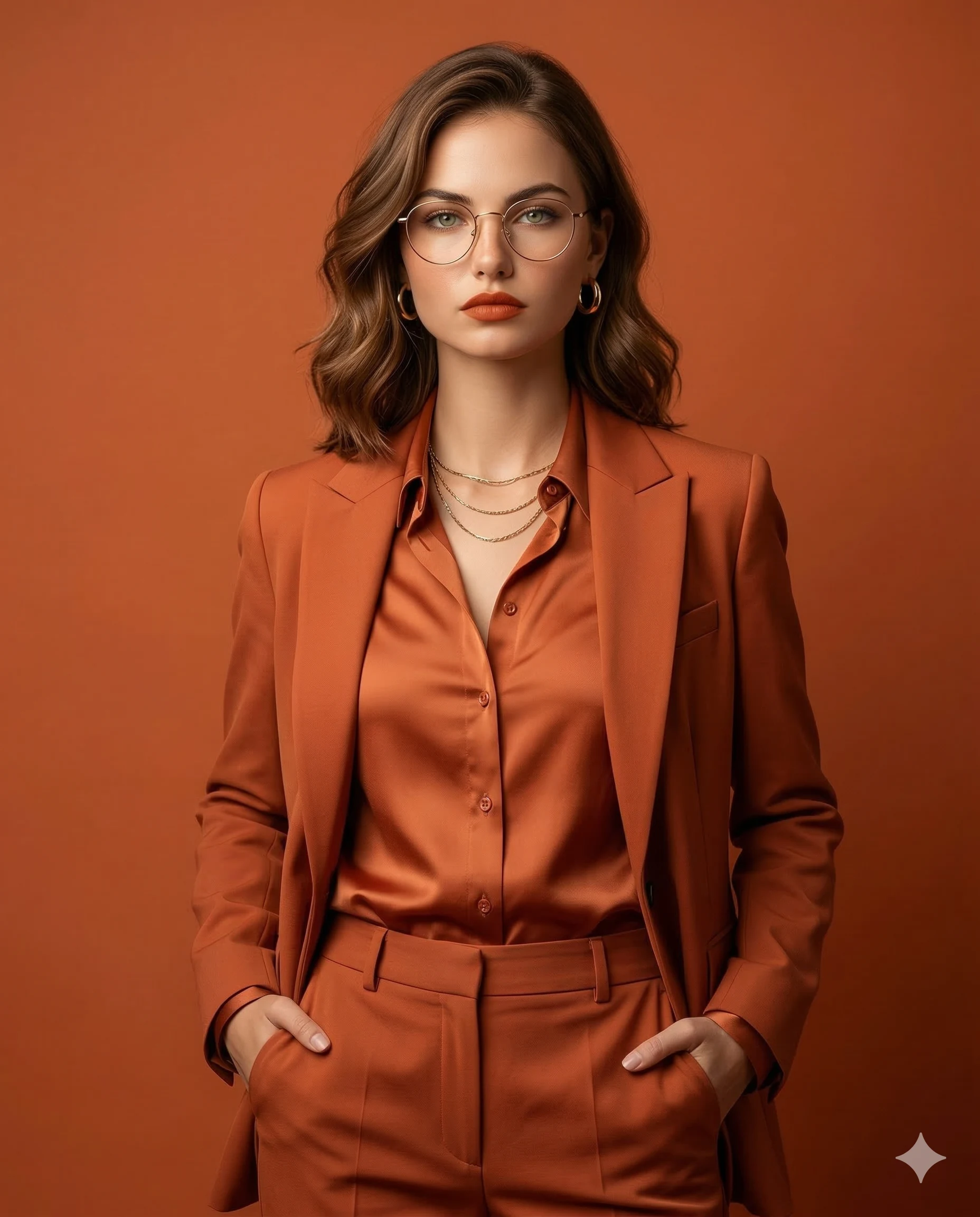 Confident woman in a terracotta power suit and gold glasses against an orange backdrop