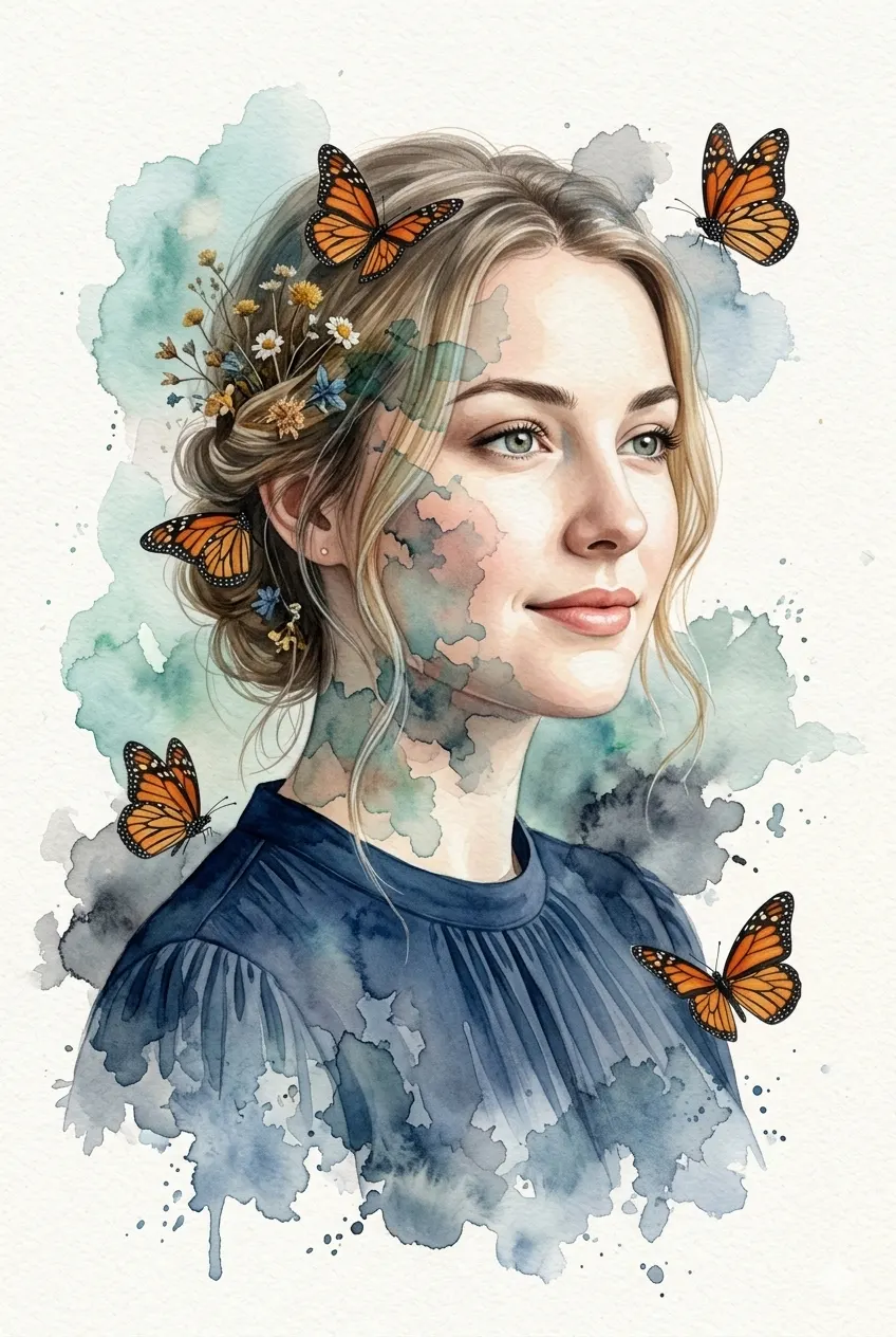 Mixed-media portrait of a woman surrounded by orange Monarch butterflies and teal watercolor