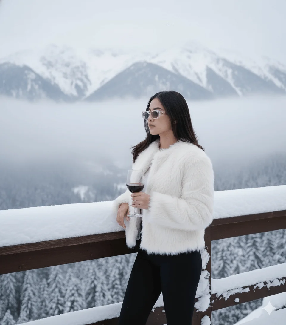 Woman in a white faux-fur coat holding red wine on a snowy mountain terrace