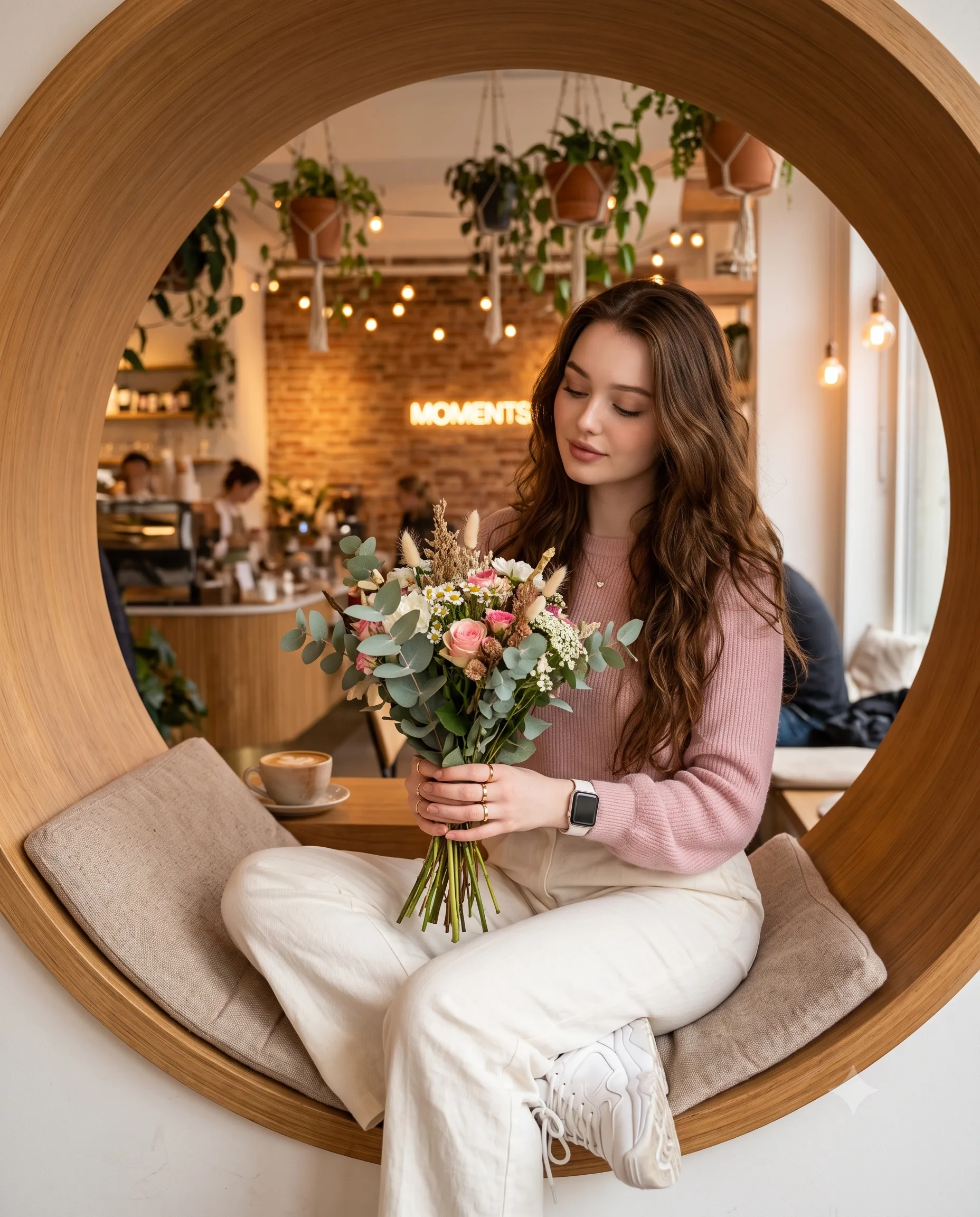 Woman in a pink blouse holding flowers inside a circular wooden café nook