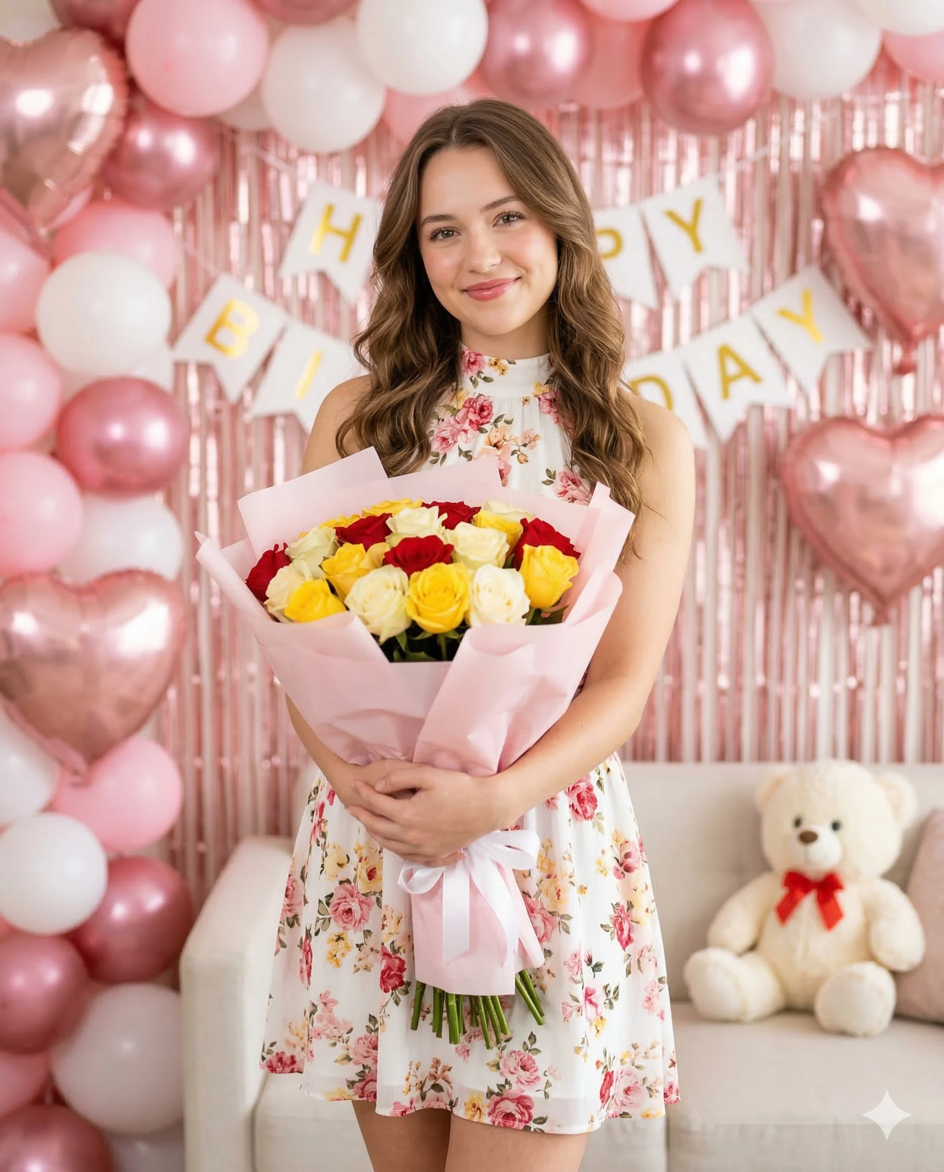 Smiling woman holding a colorful rose bouquet at a pink birthday party