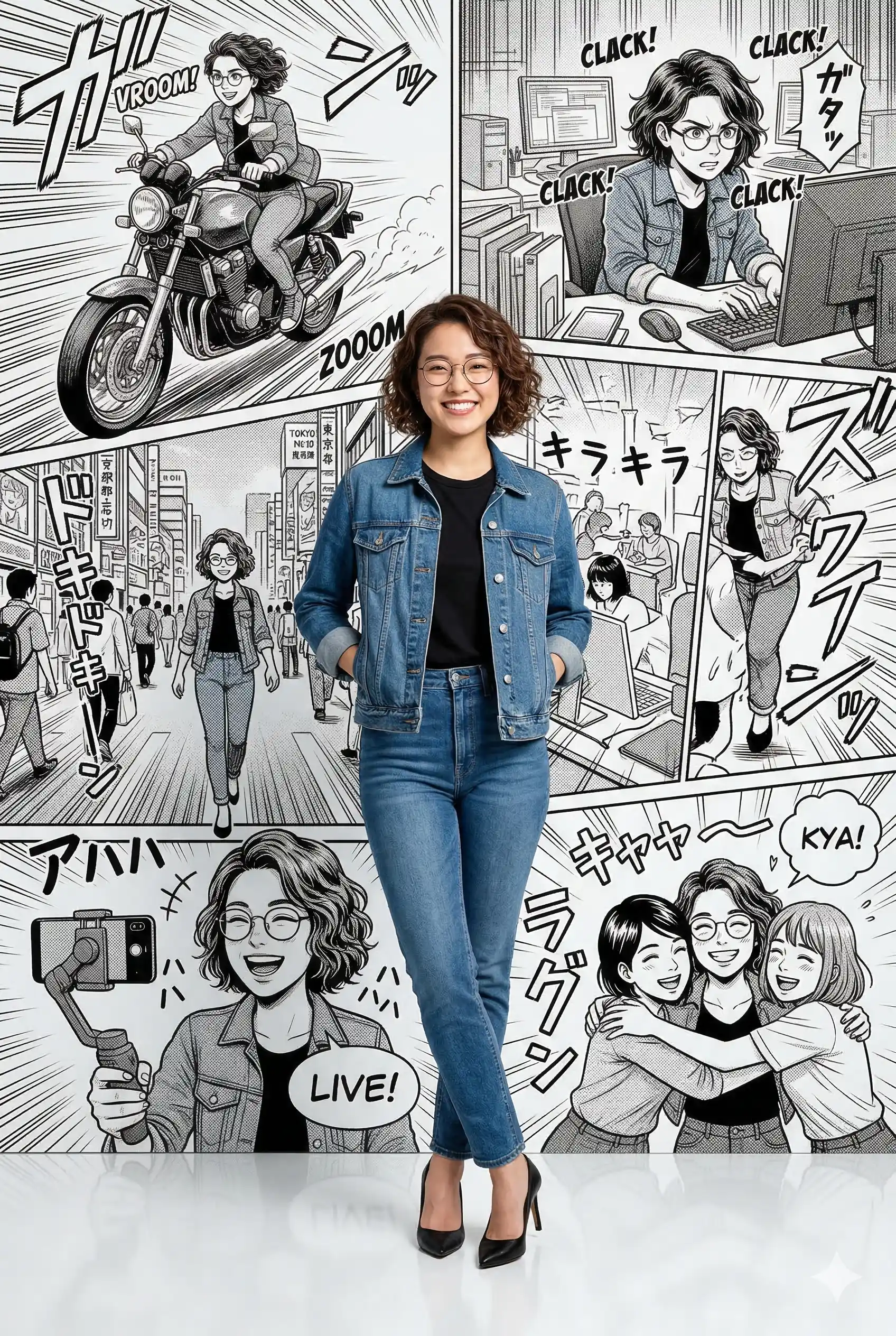 Smiling woman in denim standing before a black-and-white manga lifestyle collage