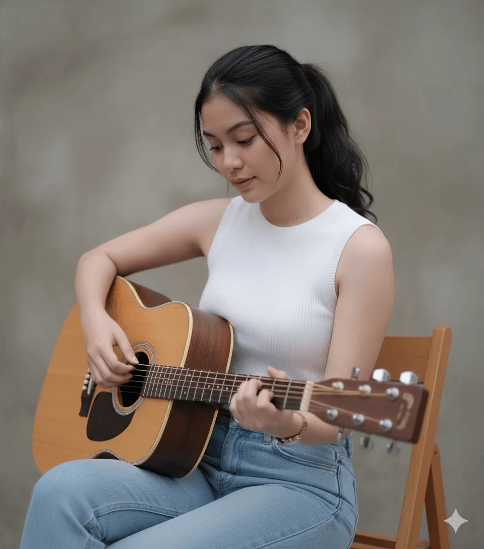 Woman seated on a wooden chair playing an acoustic guitar by a grey wall