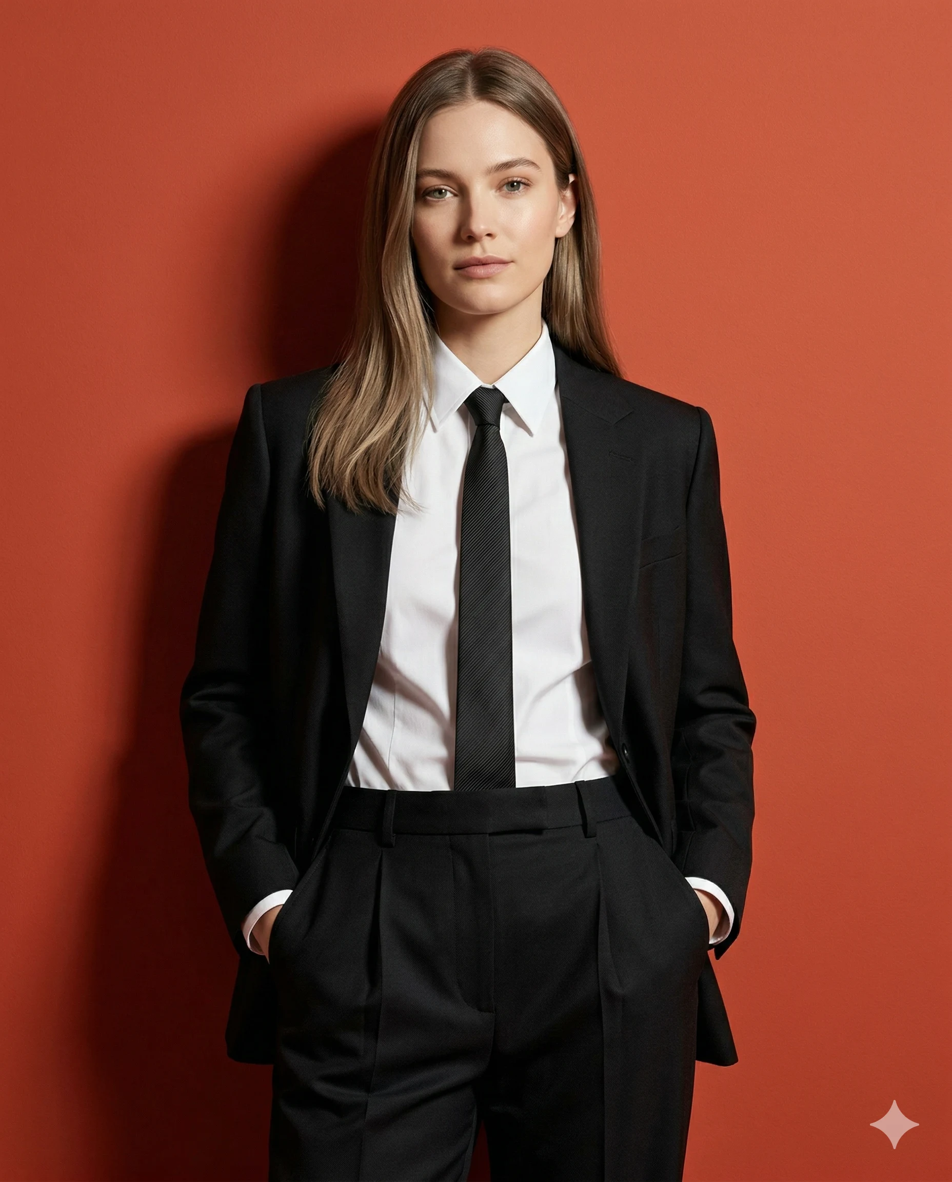 Woman in a black suit and tie leaning against an orange-red studio wall