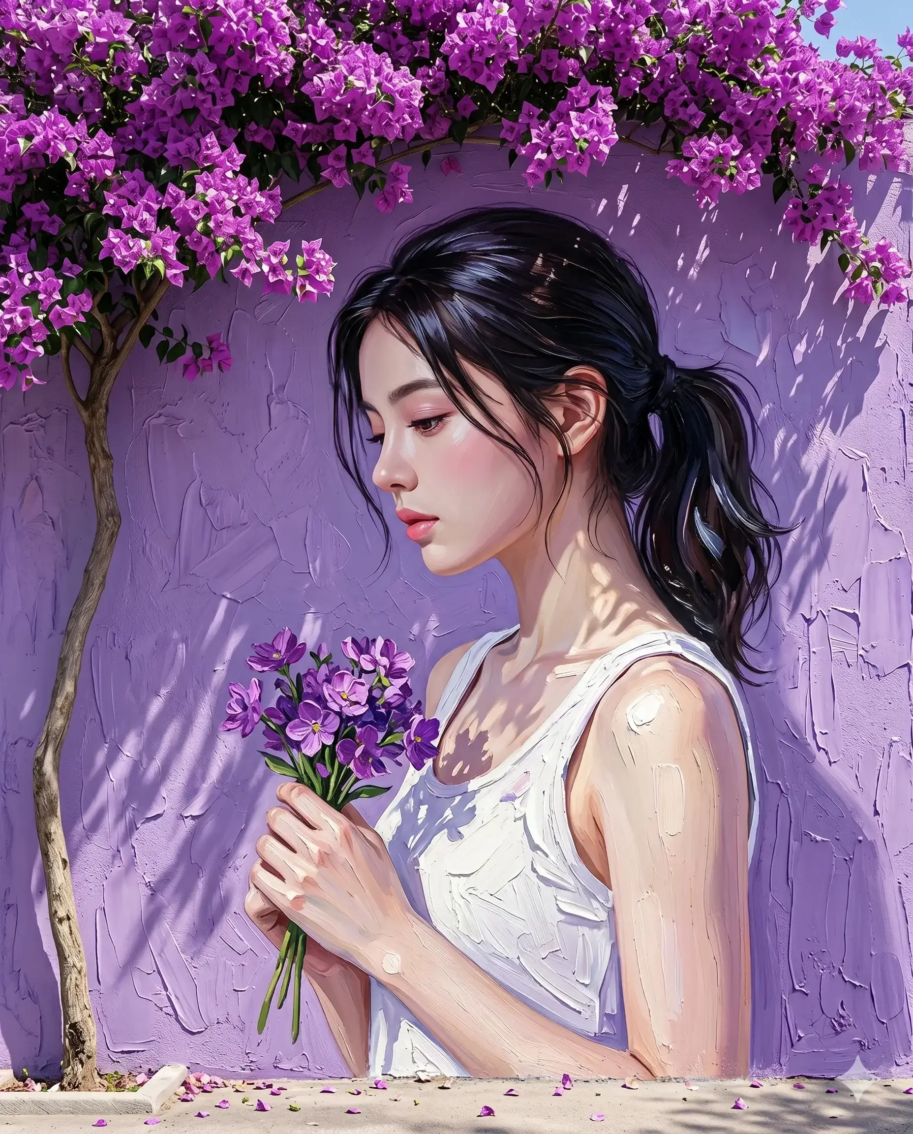 Impasto wall mural of a woman holding purple flowers beneath bougainvillea