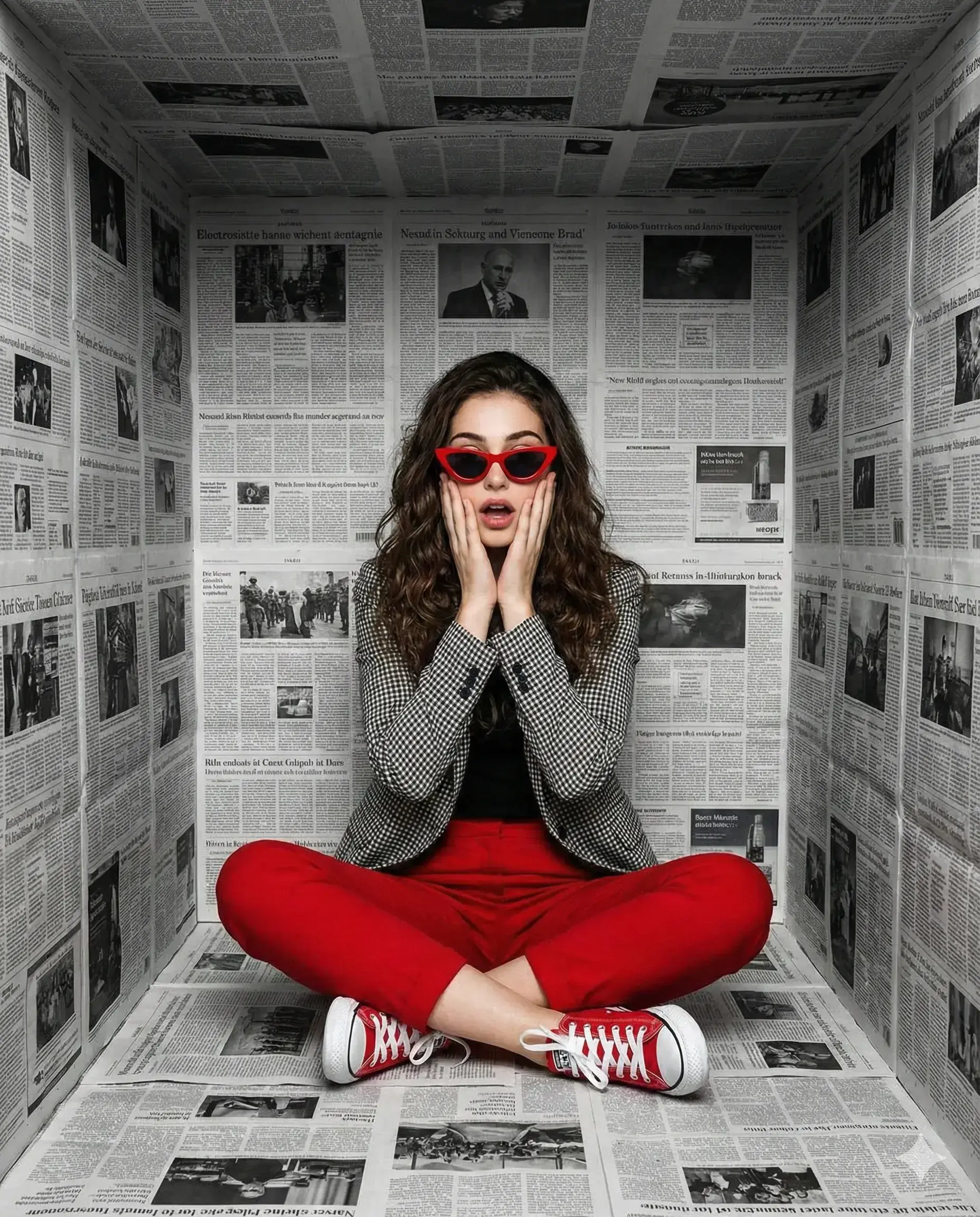 Woman in red trousers and sunglasses sitting in a newspaper-covered room