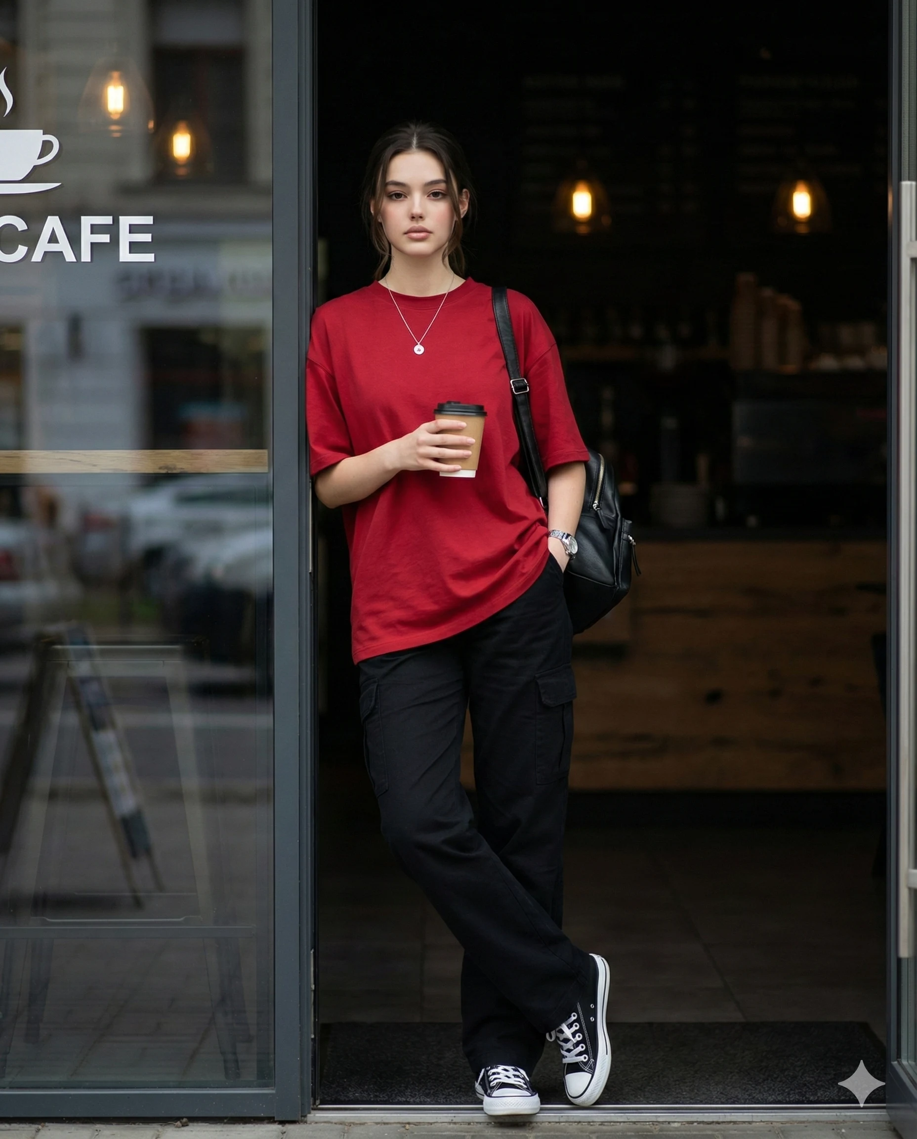 Woman in a red oversized T-shirt holding coffee at a glass café entrance