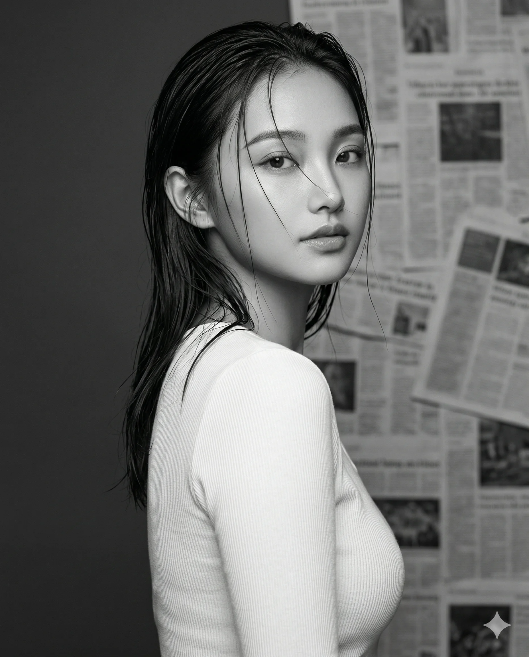 Monochrome woman looking over her shoulder beside a newspaper collage