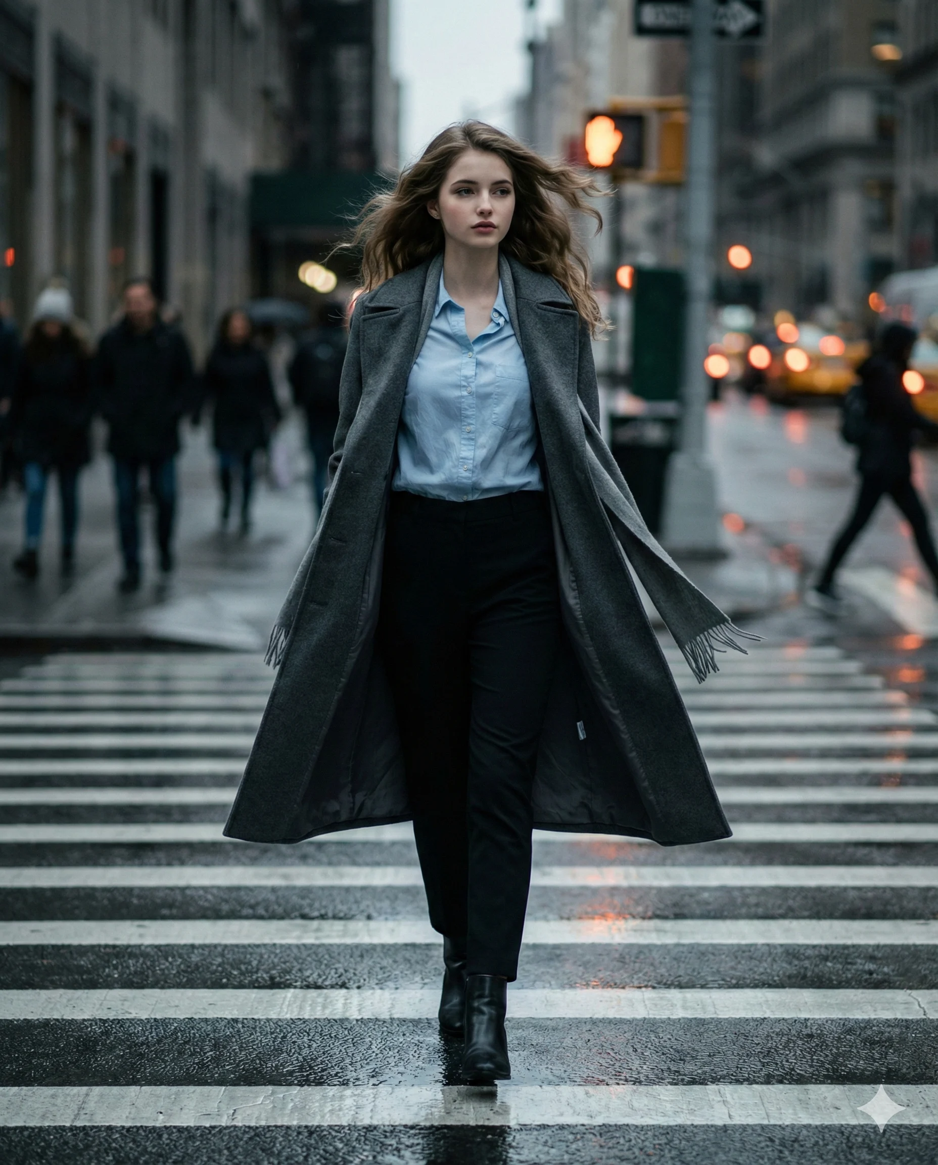 Woman in a grey trench coat walking across a rain-soaked city crosswalk