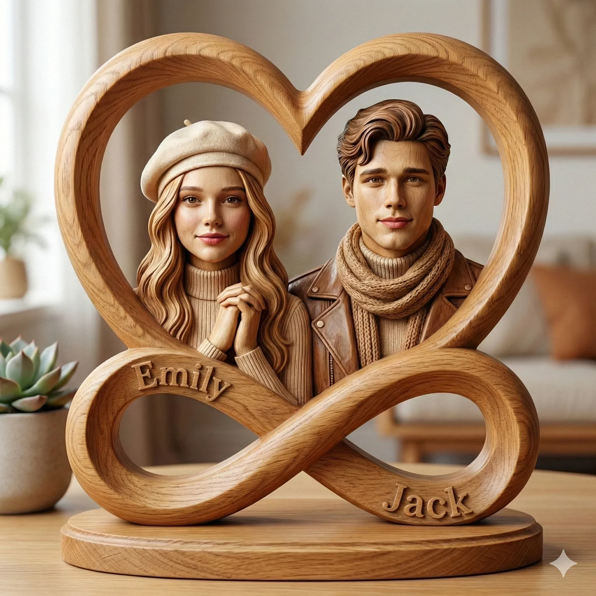 Carved oak couple busts inside a heart and infinity sculpture labeled Emily and Jack