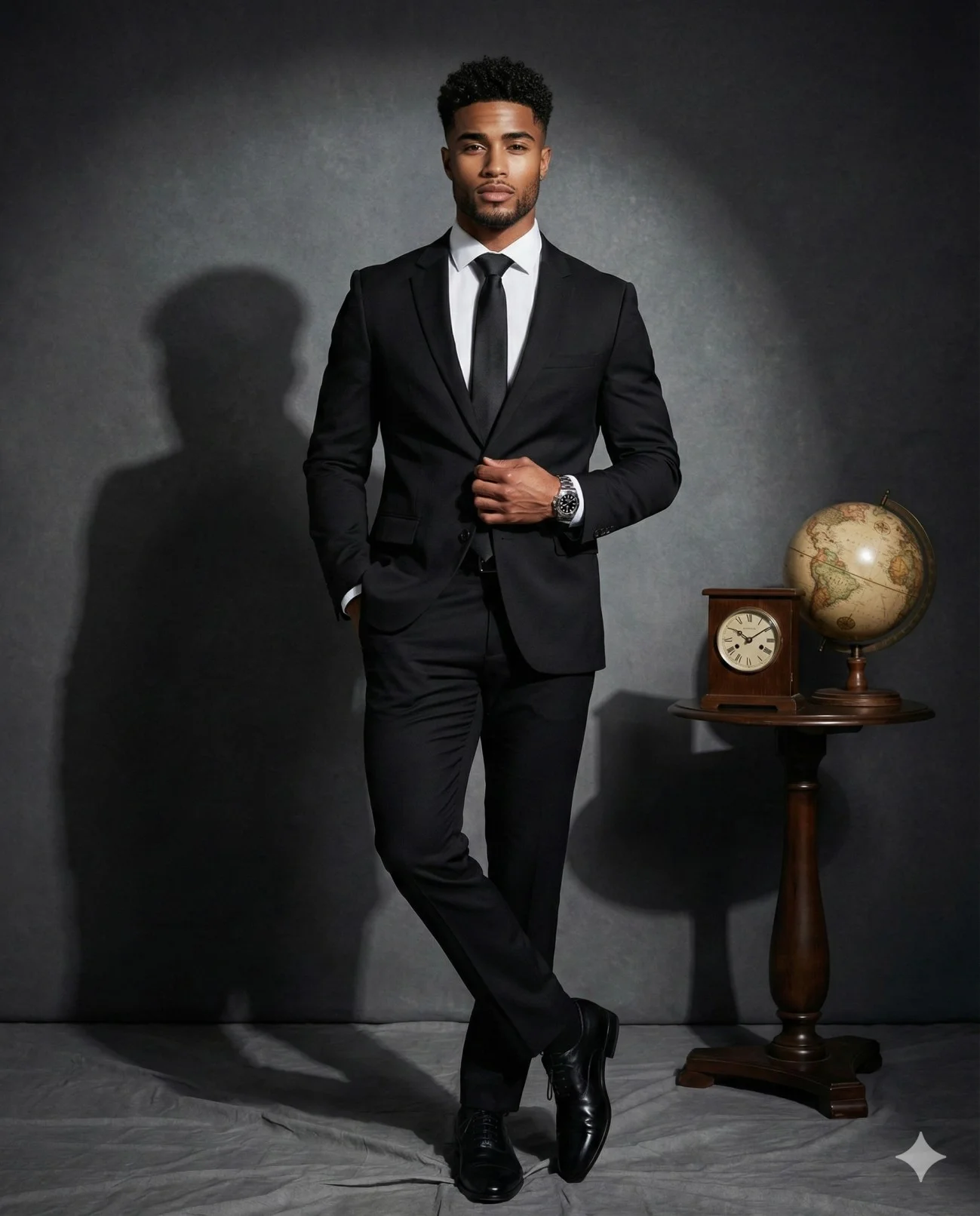 Young man in a black suit posed beside a vintage globe and wooden clock