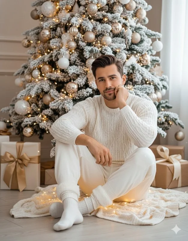 Man in off-white knitwear seated beside a snowy white-and-gold Christmas tree