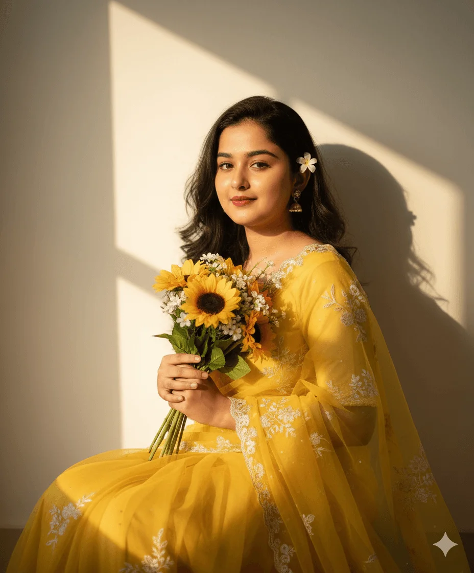 Woman in a yellow embroidered saree holding a bouquet of sunflowers
