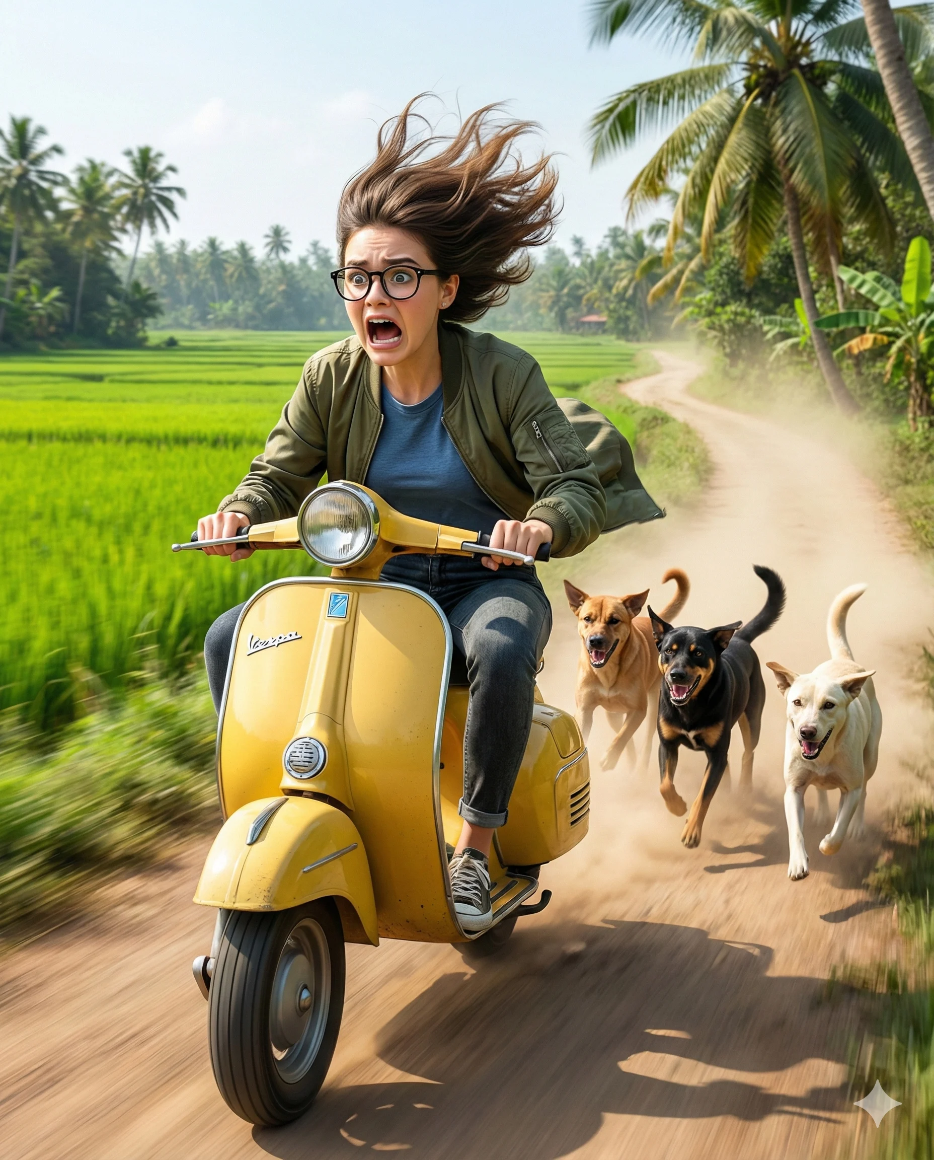 Panicked rider on a yellow scooter chased by three dogs on a tropical dirt road