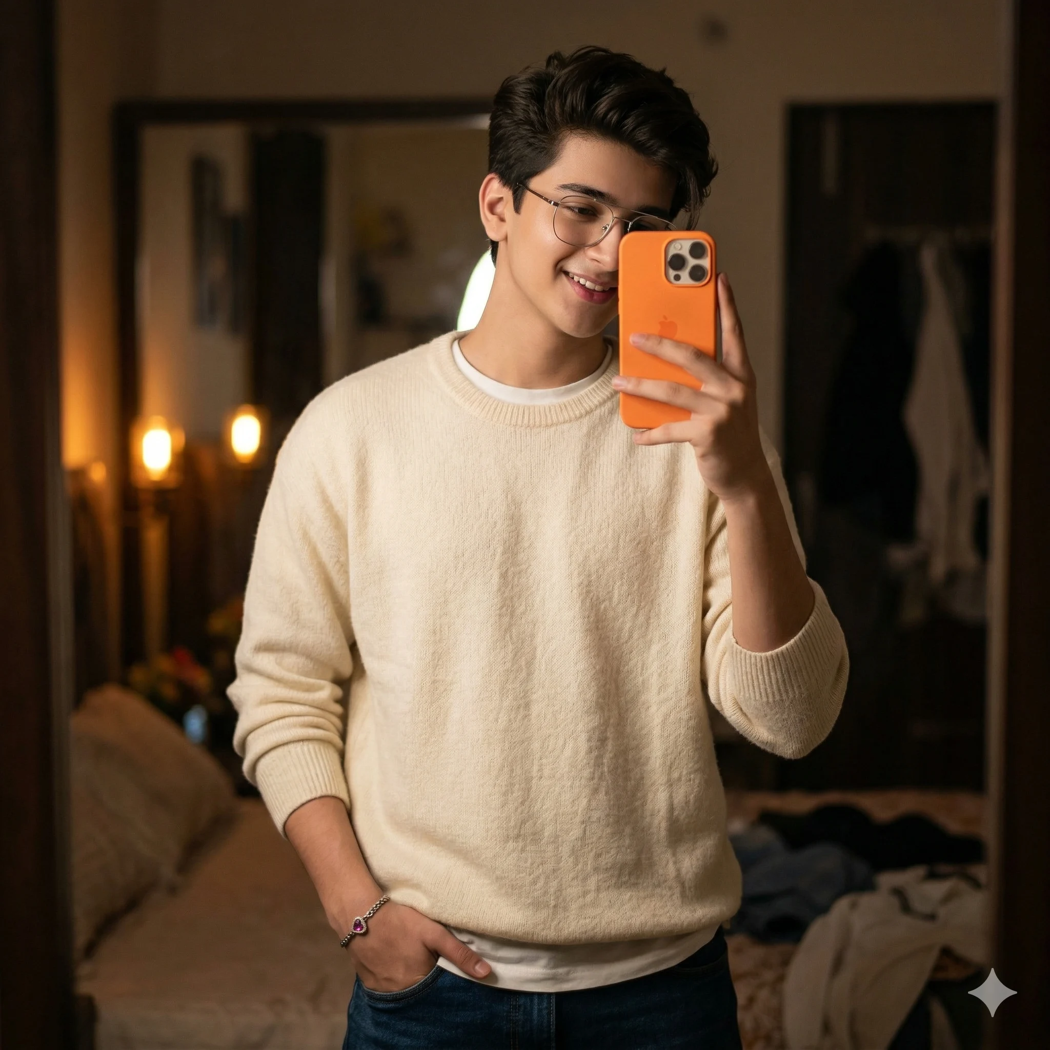 Young man in glasses taking a mirror selfie with an orange phone