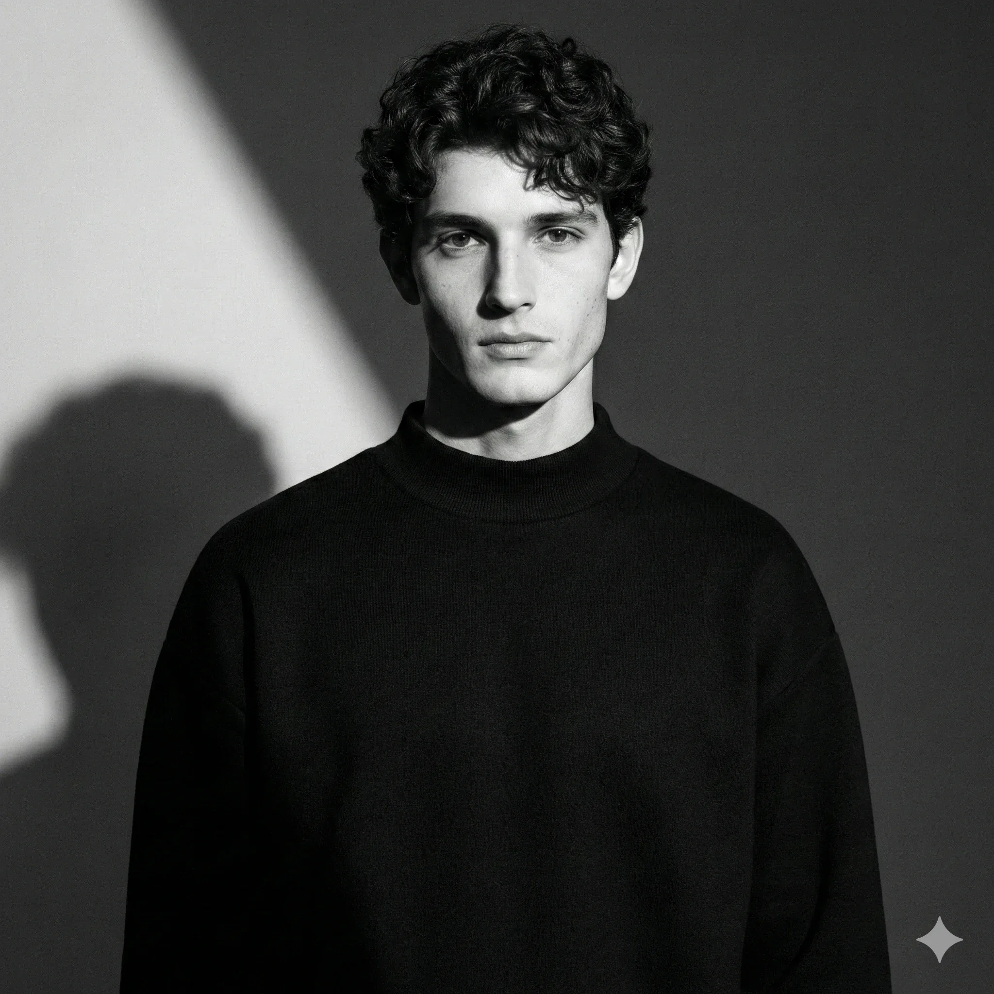 Young man in a black turtleneck lit by a diagonal beam in a monochrome studio