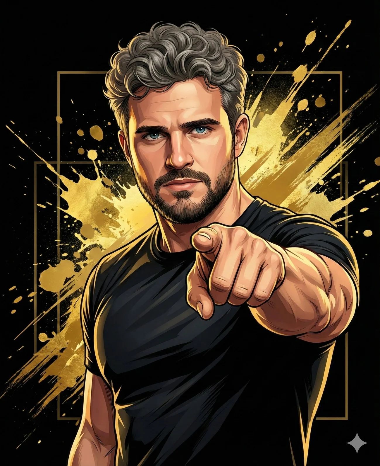 Confident grey-haired man with an intense expression in a stylized digital illustration